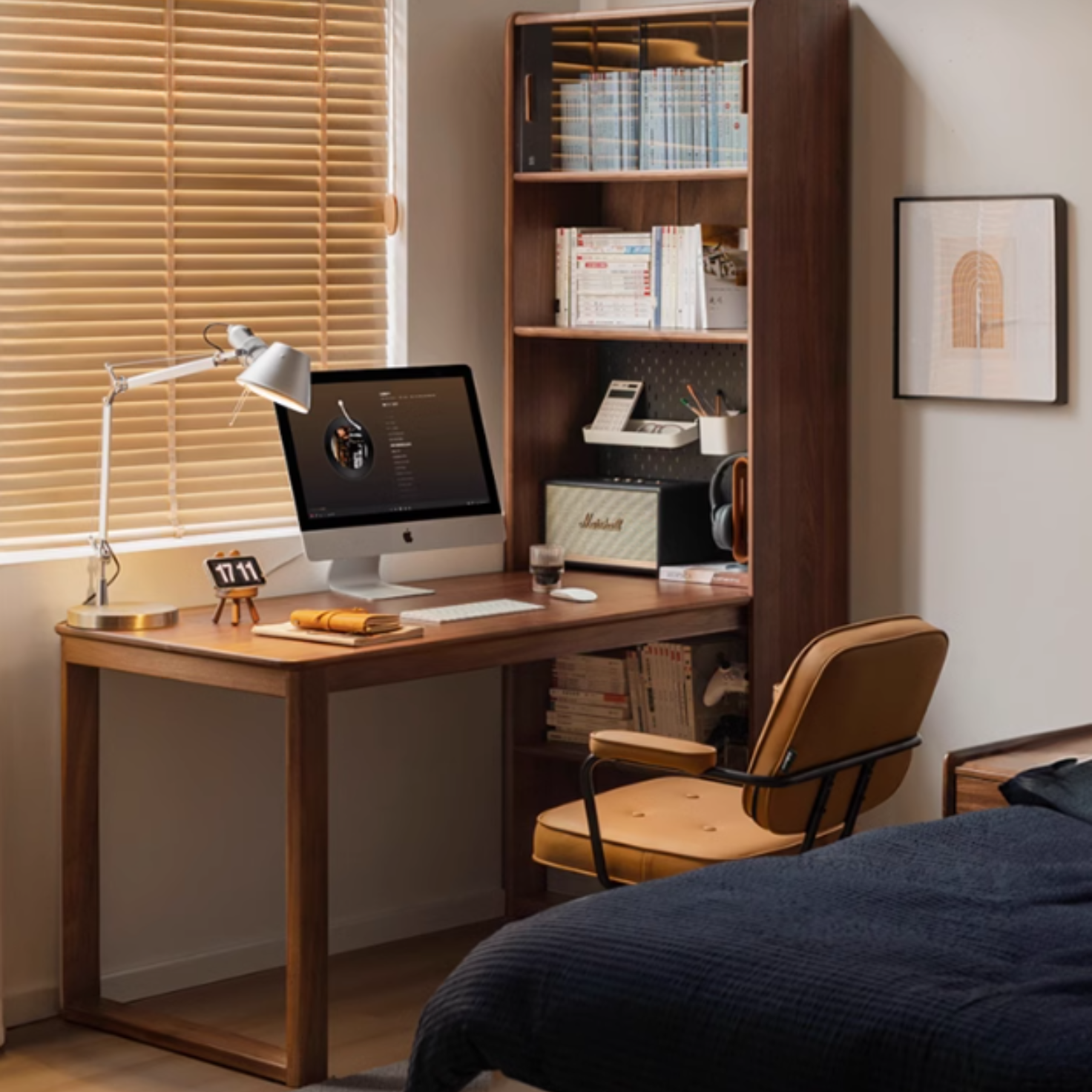 Premium Black Walnut Solid Wood Storage Cabinet with Integrated Office Desk - Modern Light Luxury Style for Home Office & Living Room Organization