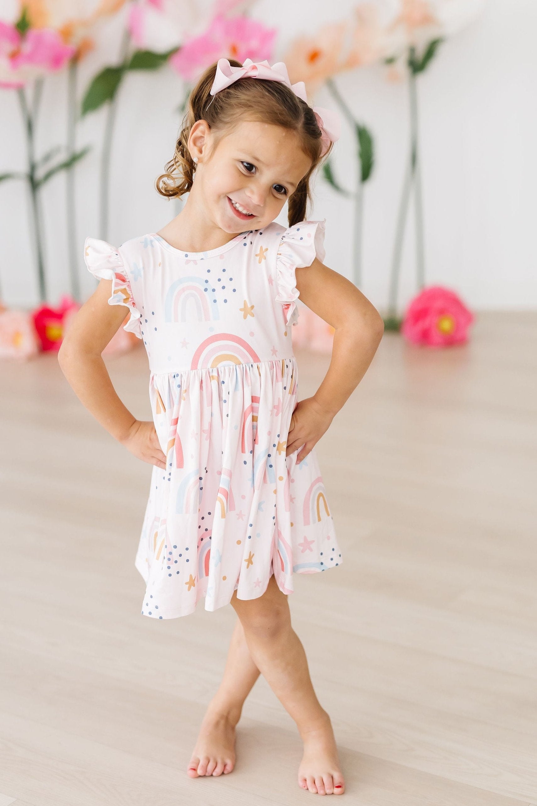 Over the Rainbow Flutter Sleeve Twirl Dress for Girls - Playful & Comfortable Summer Party Outfit for Birthday, Photo Shoot & Special Occasions