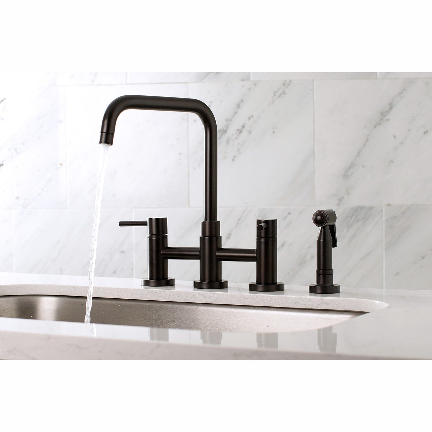 Concord Two Handle 4 Hole Deck Mount Bridge Kitchen Faucet with Brass Side Sprayer - Durable Stainless Steel Sink Faucet for Modern Kitchens | Perfect for Cooking, Washing Dishes & Food Prep