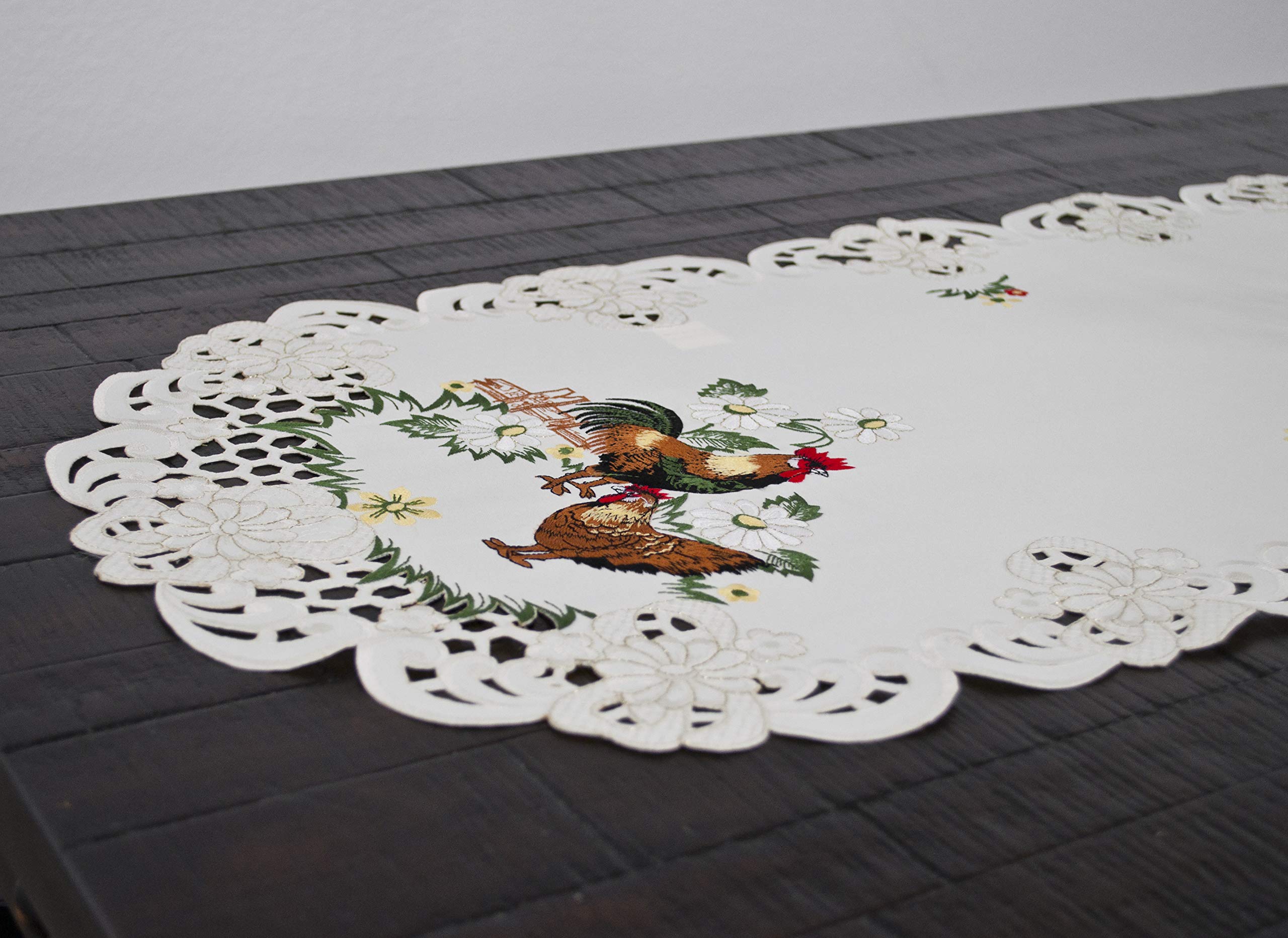 Embroidered Rooster Farmhouse Table Runner - Country Chic Lace Decor for Dining Table, Coffee Table or Dresser (15x54 Inches) - Perfect for Rustic Home Decor, Kitchen Decor and Farmhouse Style Weddings