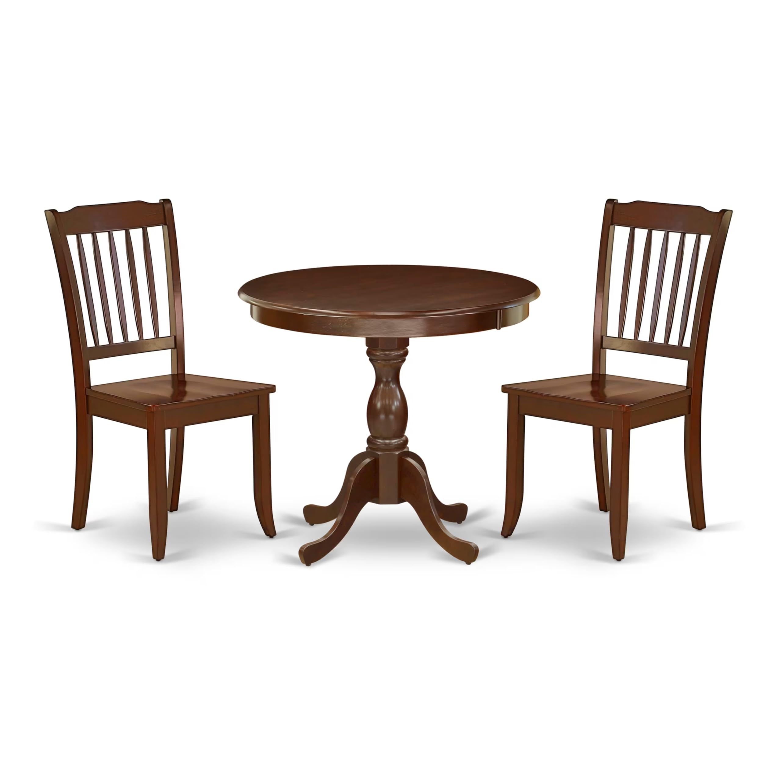 East West Furniture AMDA3-MAH-W 3-Piece Round Dining Table Set with Pedestal Base & 2 Chairs for Small Spaces - 36x36 Inch Mahogany Kitchen Table - Perfect for Apartments, Breakfast Nooks & Cozy Dining Areas
