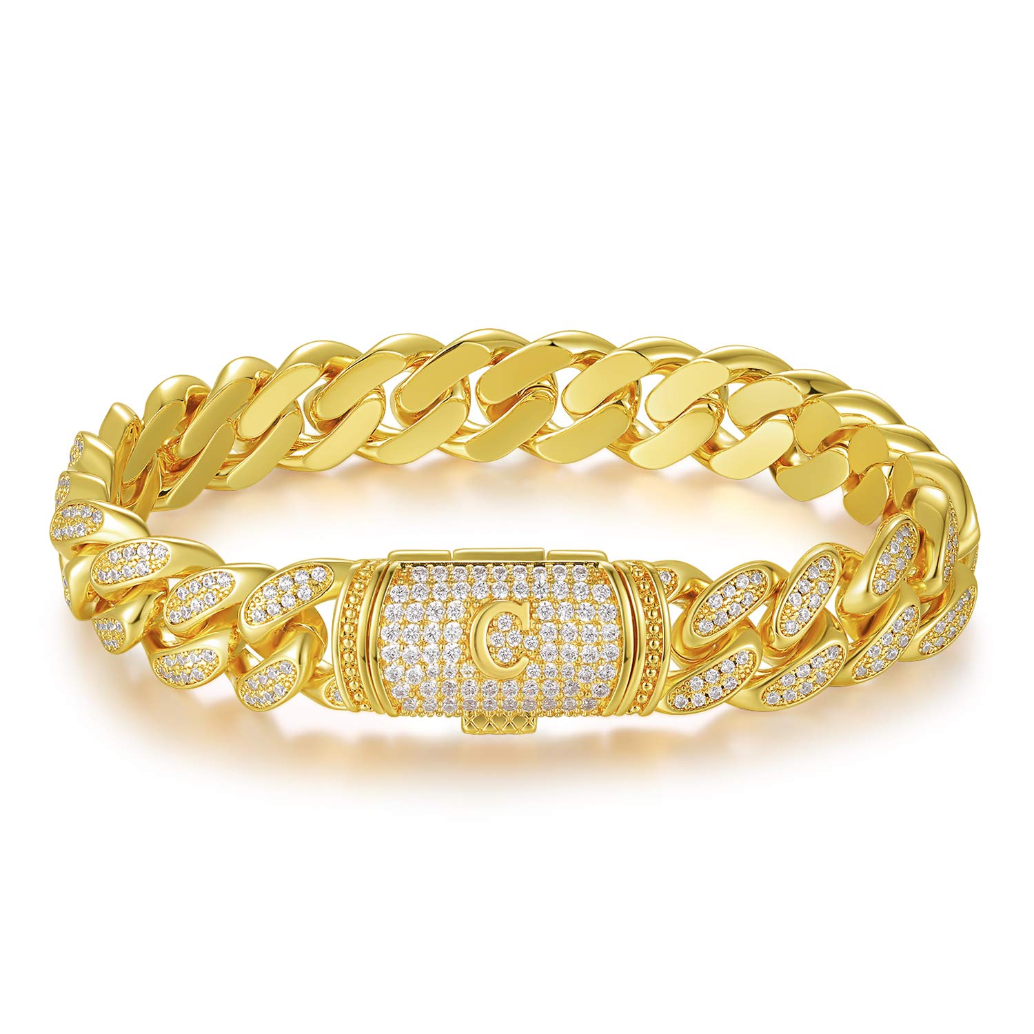 ETEVON Gold Plated Cuban Link Initial Bracelet for Men - Hip Hop Jewelry Gift for Boyfriend, Husband, Son, Dad - Birthday, Christmas, Anniversary, Valentine's Day Gift - Diamond Accent Chain Bracelet - Perfect for Casual Wear, Parties, and Special Occasions
