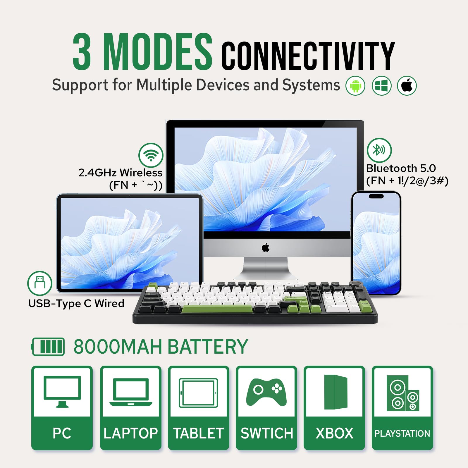 Aula F99 PRO 96% Wireless Mechanical Gaming Keyboard - Bluetooth 5.0/USB-C/2.4GHz Tri-Mode, Hot-Swappable Gasket Mount, 8000mAh Battery, RGB Backlit with Rotary Knob for Windows/Mac (Black Green) - Perfect for Gaming, Office Work & Typing Enthusiasts