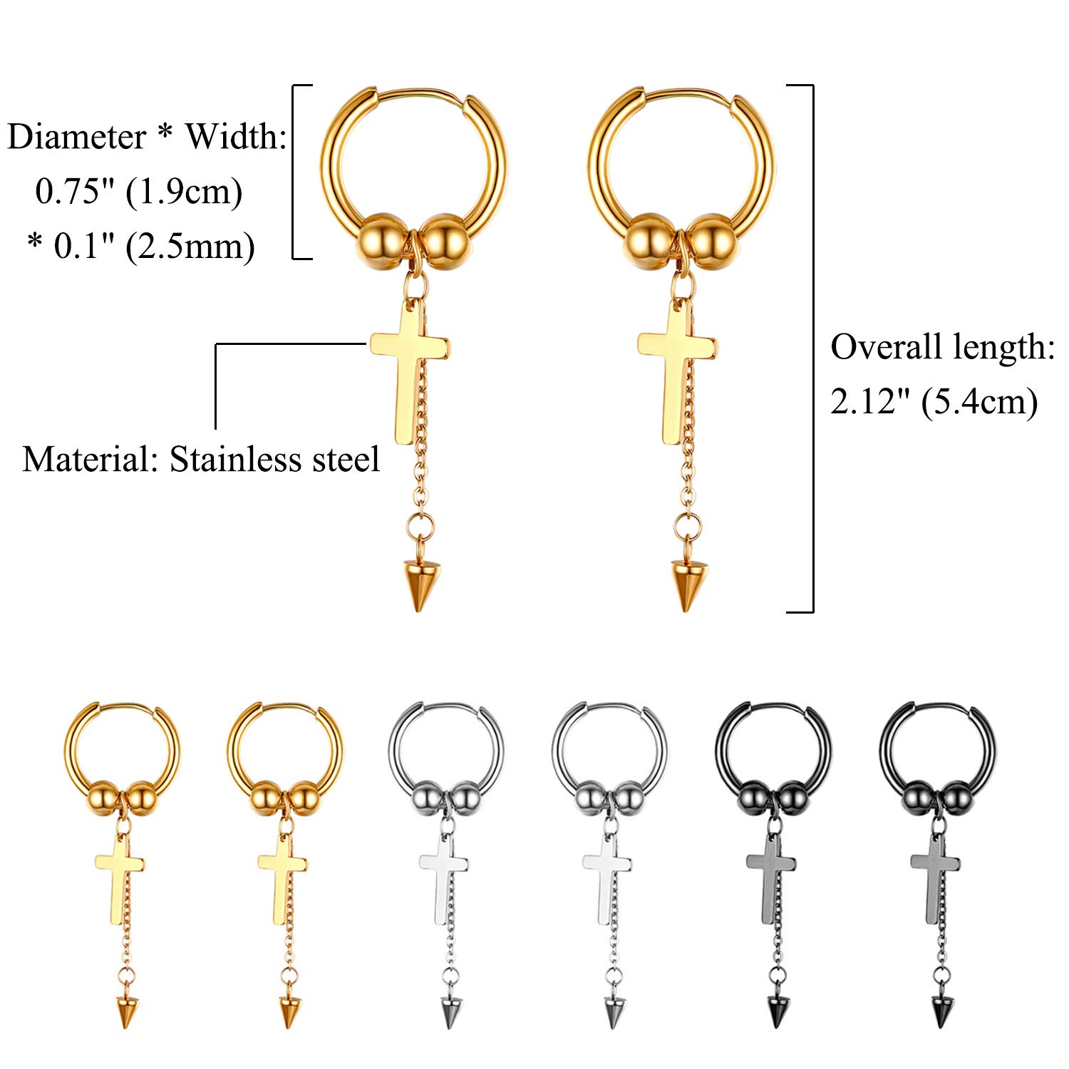 Cupimatch 3 Pairs Cross Dangle Hoop Earrings Set for Men & Women - Punk Cone Tassel Stainless Steel Huggie Hoop Earrings for Pierced Ears | Gothic Jewelry for Parties, Concerts & Everyday Wear