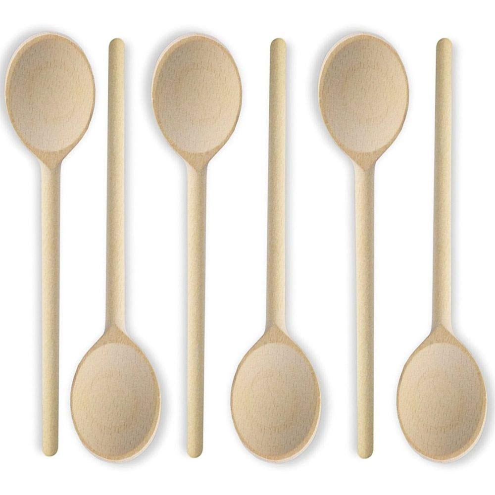 12-Inch Wooden Kitchen Spoons Set of 6 - Natural Beechwood Cooking Utensils for Baking, Mixing & Serving - Long Handle Oval Spoons for Kitchen, Crafts & Puppet Making - Durable MR. WOODWARE Tools for Everyday Cooking & DIY Projects