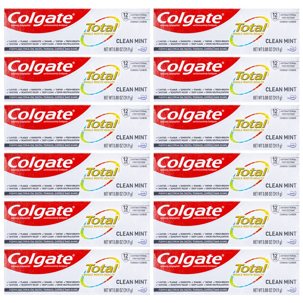 Colgate Total Toothpaste - Clean Mint Flavor, Travel Size 0.88 oz (24.9g) Pack of 12 | Whitening & Cavity Protection | Perfect for Travel, Gym & On-the-Go Oral Care