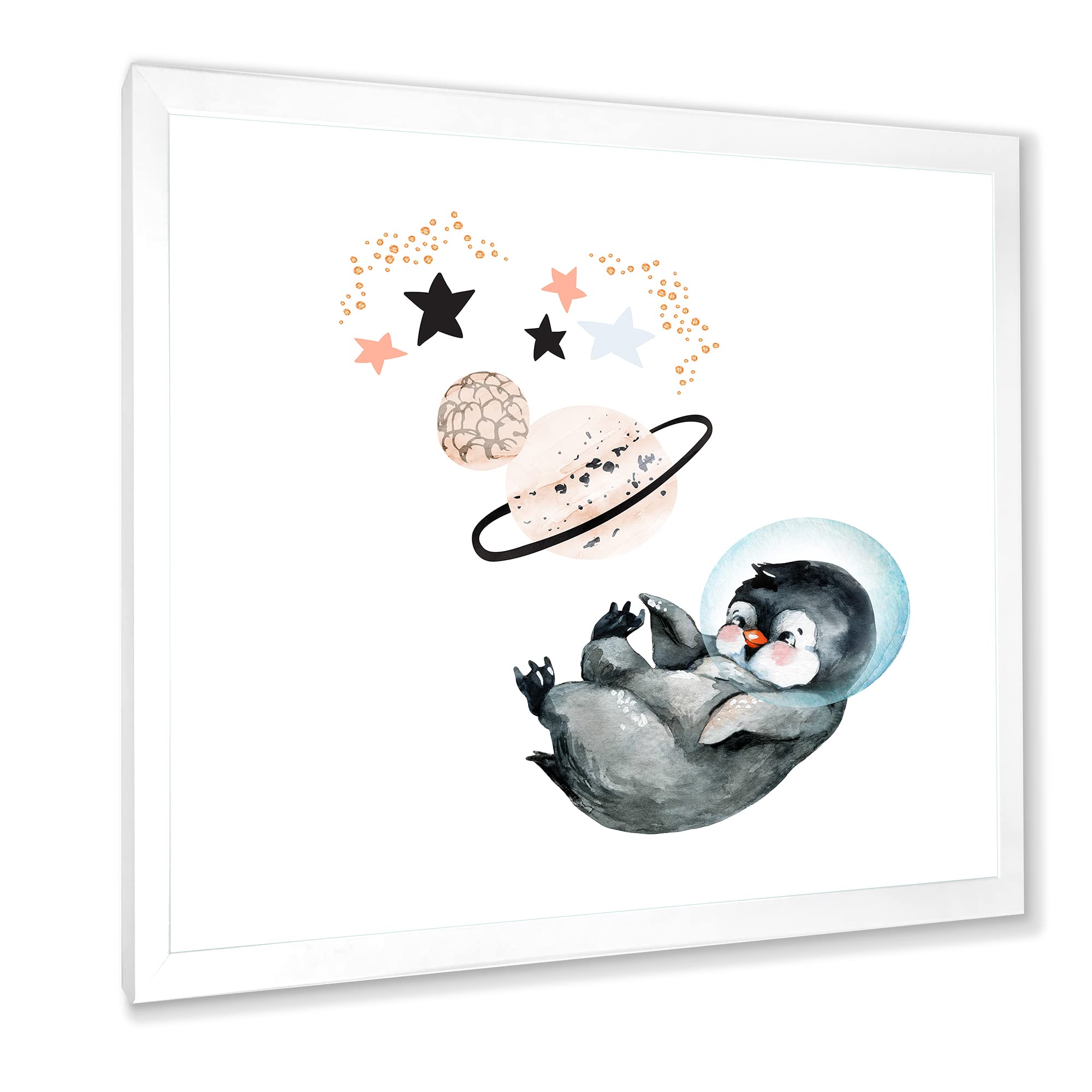 DesignQ Little Penguin with Stars and Planets - Farmhouse Framed Wall Art Decor for Nursery, Kids Room & Living Room