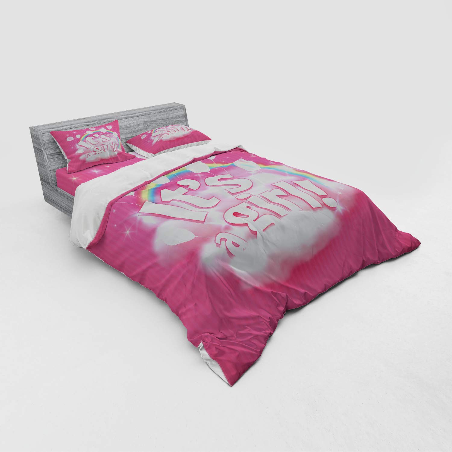 Ambesonne Pink Bedding Set 3-Piece Queen - Modern Striped Duvet Cover with Cloudy Rainbow & Balloon Design, Blush Pink Bed Sheets for Girls & Teens | Soft Cotton Luxury Bedroom Decor for Home & Dorm