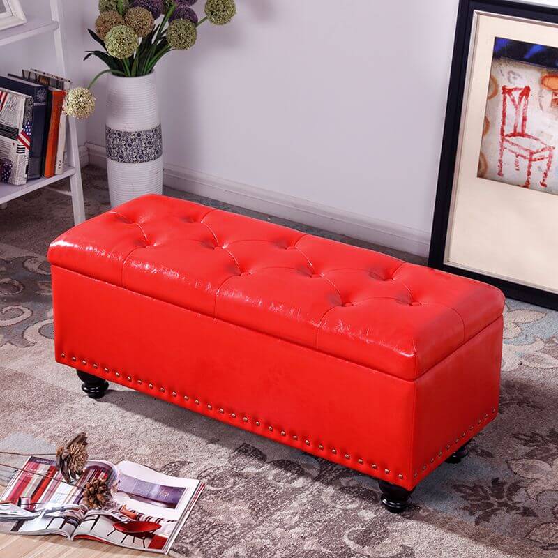 Water Resistant Stitch Tufted Upholstered Storage Ottoman with Nailhead Trim - Green/Peony/Butter Color, Modern Style with Legs - Perfect for Living Room, Bedroom & Home Office Organization