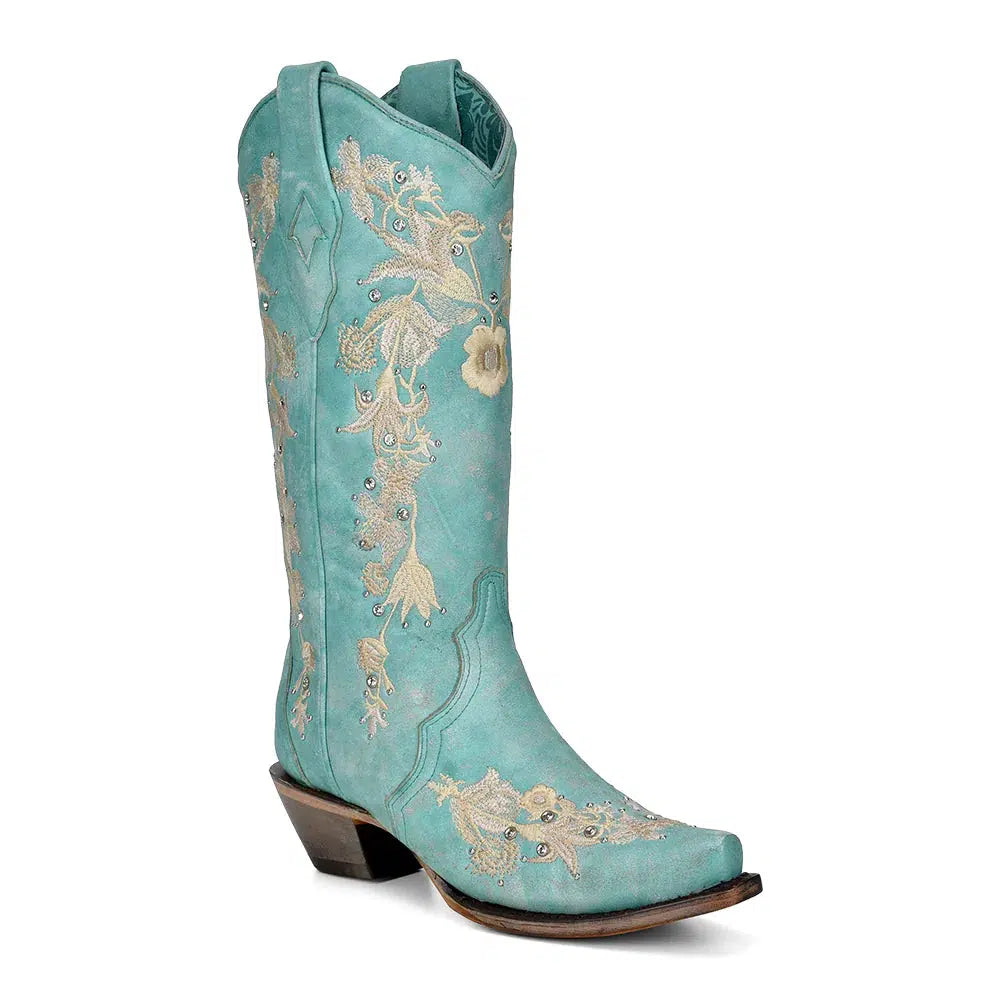 A4239 Women's Western Cowgirl Leather Boots with Turquoise Corral Design - Perfect for Rodeo, Country Dancing & Cowgirl Fashion