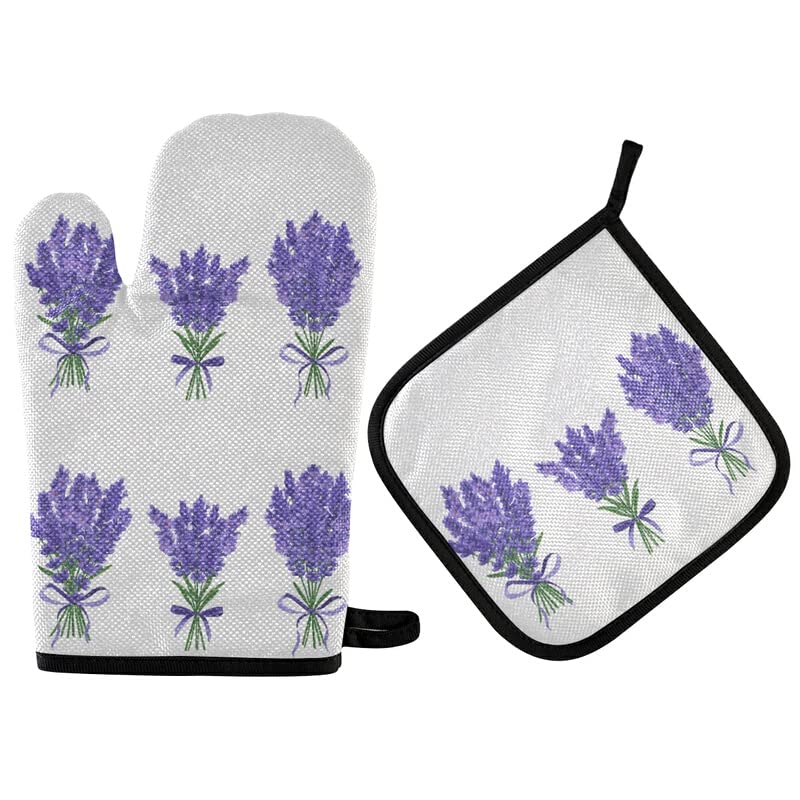 Lavender Watercolor Oven Mitts & Pot Holder Set - Heat Resistant Kitchen Gloves for Baking, BBQ, Grilling - Floral Provence Bouquet Design - Recycled Material - Perfect for Spring Cooking, Home Decor & Gift Giving