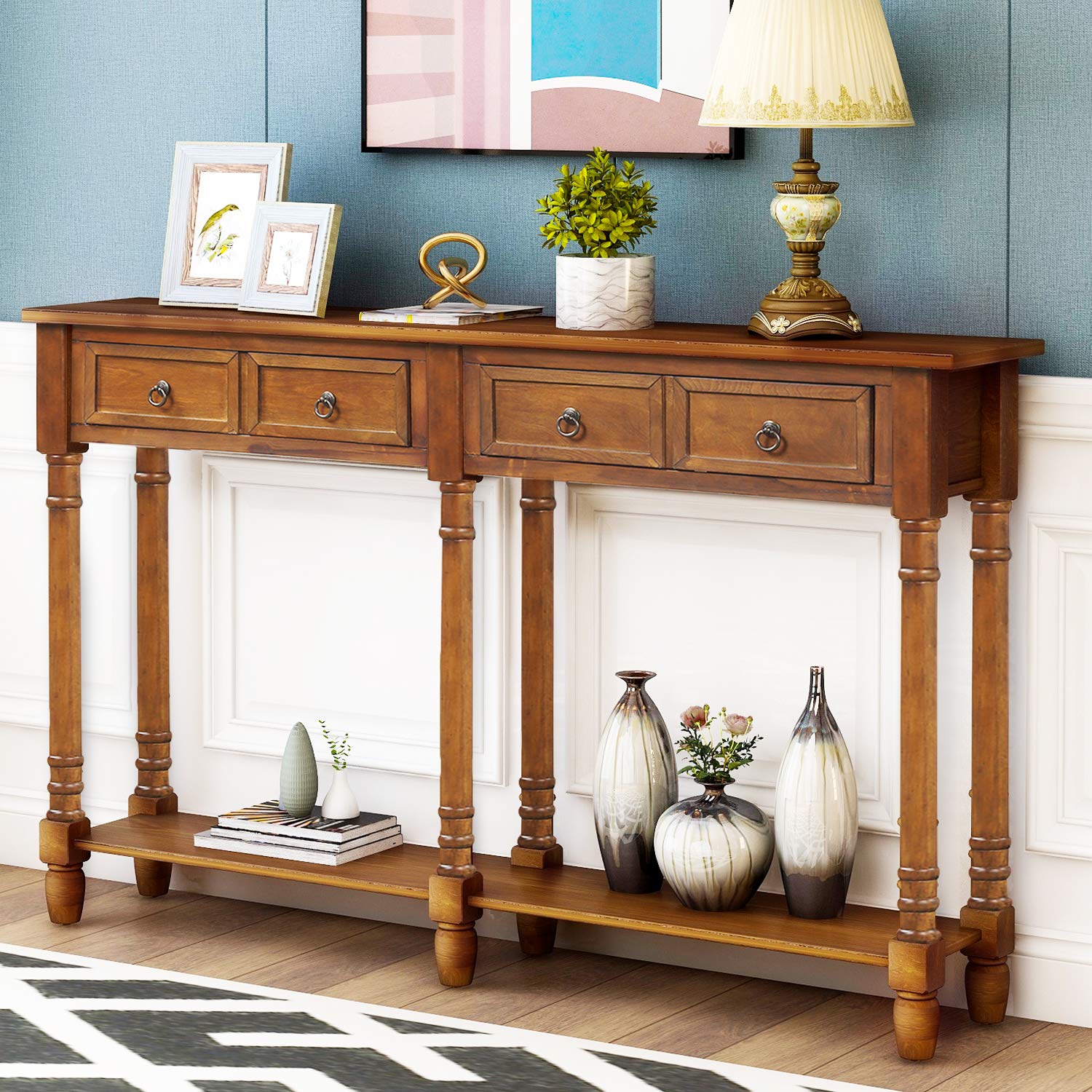 Antique Walnut Wooden Console Table with Drawers and Long Shelf - Entryway Sofa Table, Living Room Cabinet, Hallway Storage Furniture | Perfect for Home Decor, Small Space Organization & Entryway Organization