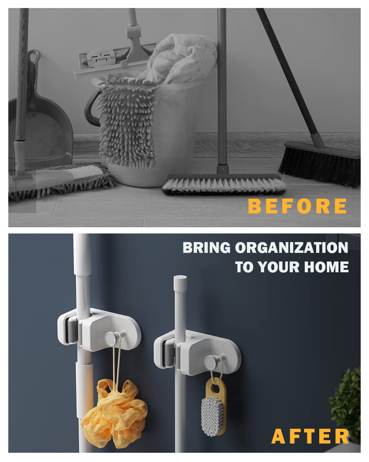 BEZOX Drill-Free Wall Mount Mop and Broom Holder with Hook - Space-Saving Cleaning Supplies Organizer for Kitchen, Bathroom, Garage - 1 Pack Utility Hanger for Mops, Brooms & Cleaning Tools
