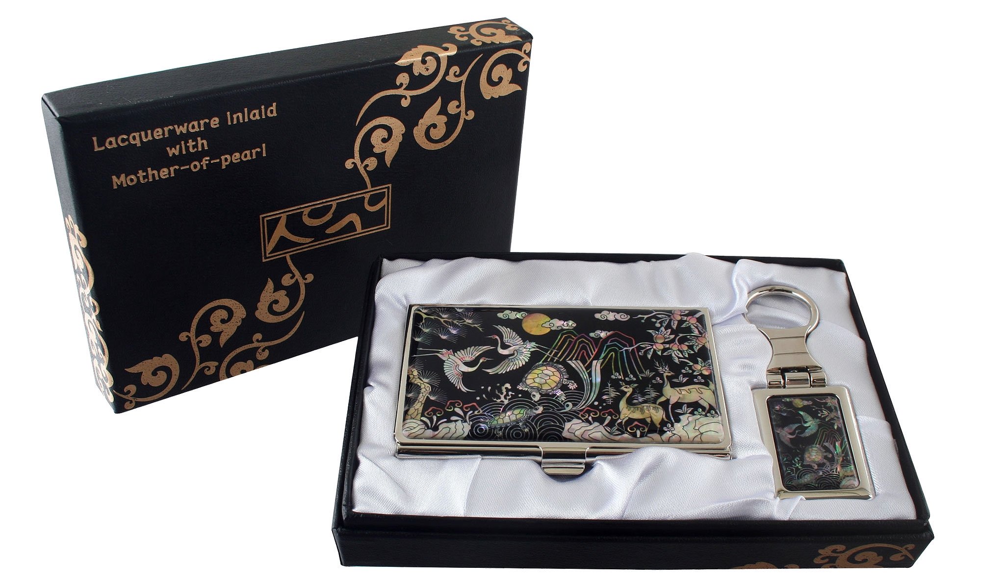 Elegant Mother of Pearl Turtle & Deer Design Keychain Set - Slim Key Ring Holder, Business Card & ID Money Case - Perfect for Gifts, Office & Travel Accessories