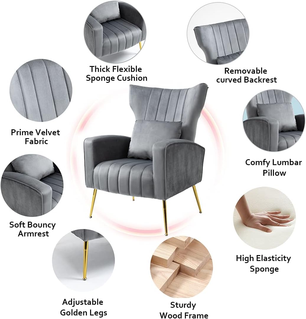 Velvet Accent Armchairs Set of 2 - Wingback Design with Lumbar Pillow - Modern Living Room & Bedroom Chairs - Office Guest Reception Side Chairs - Gold Finish Gray Velvet - Perfect for Home Decor, Lounge Seating & Elegant Entertaining Spaces