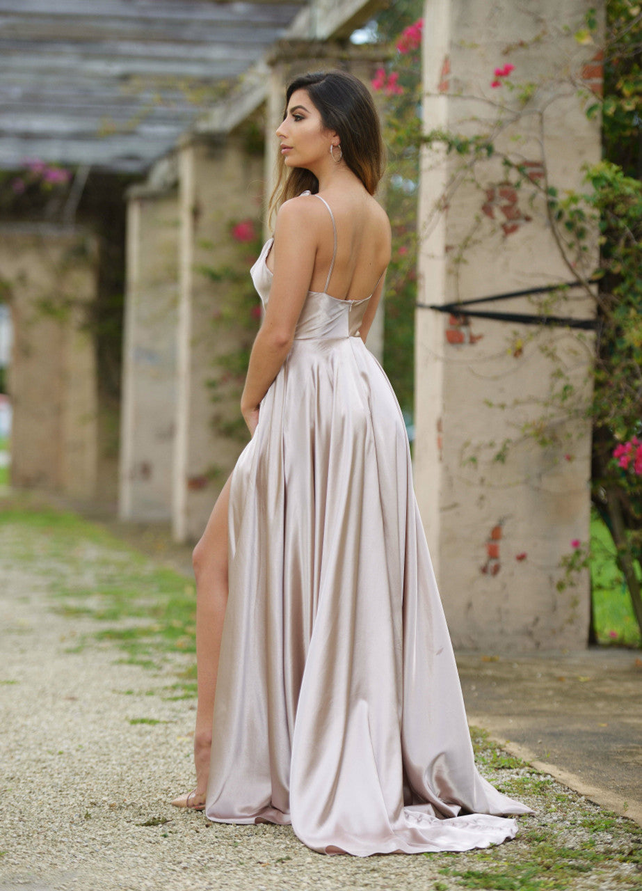 Lottie Gown Sand Satin A-Line Dress - Elegant Wedding Guest & Special Occasion Formal Wear