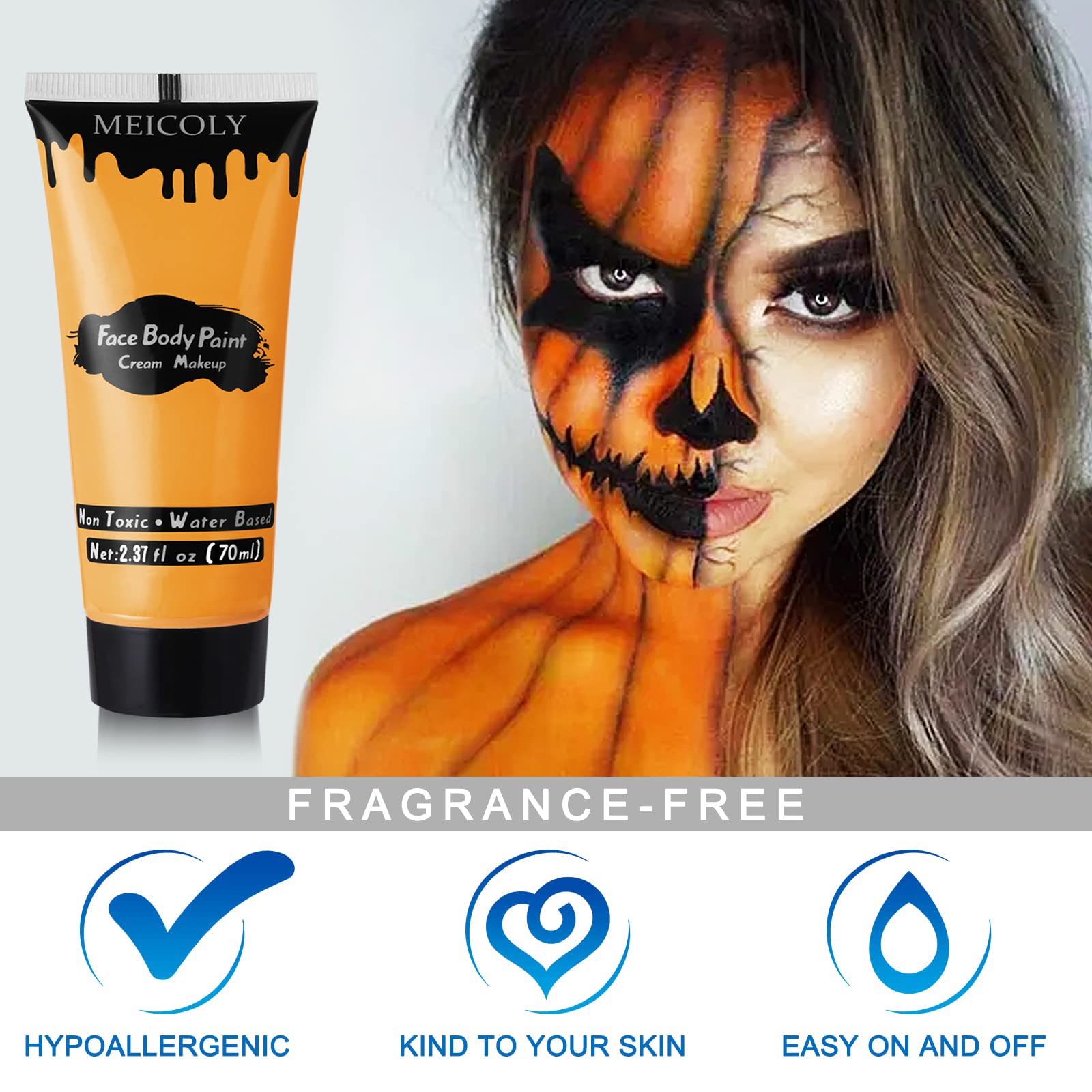 MEICOLY Orange Cream Face & Body Paint - 2.37Oz Large Tube, Water-Based Washable, Non-Toxic Makeup for Adults & Kids | Halloween Pumpkin SFX, Cosplay, Face Painting | Perfect for Costume Parties, Theater & Special Effects