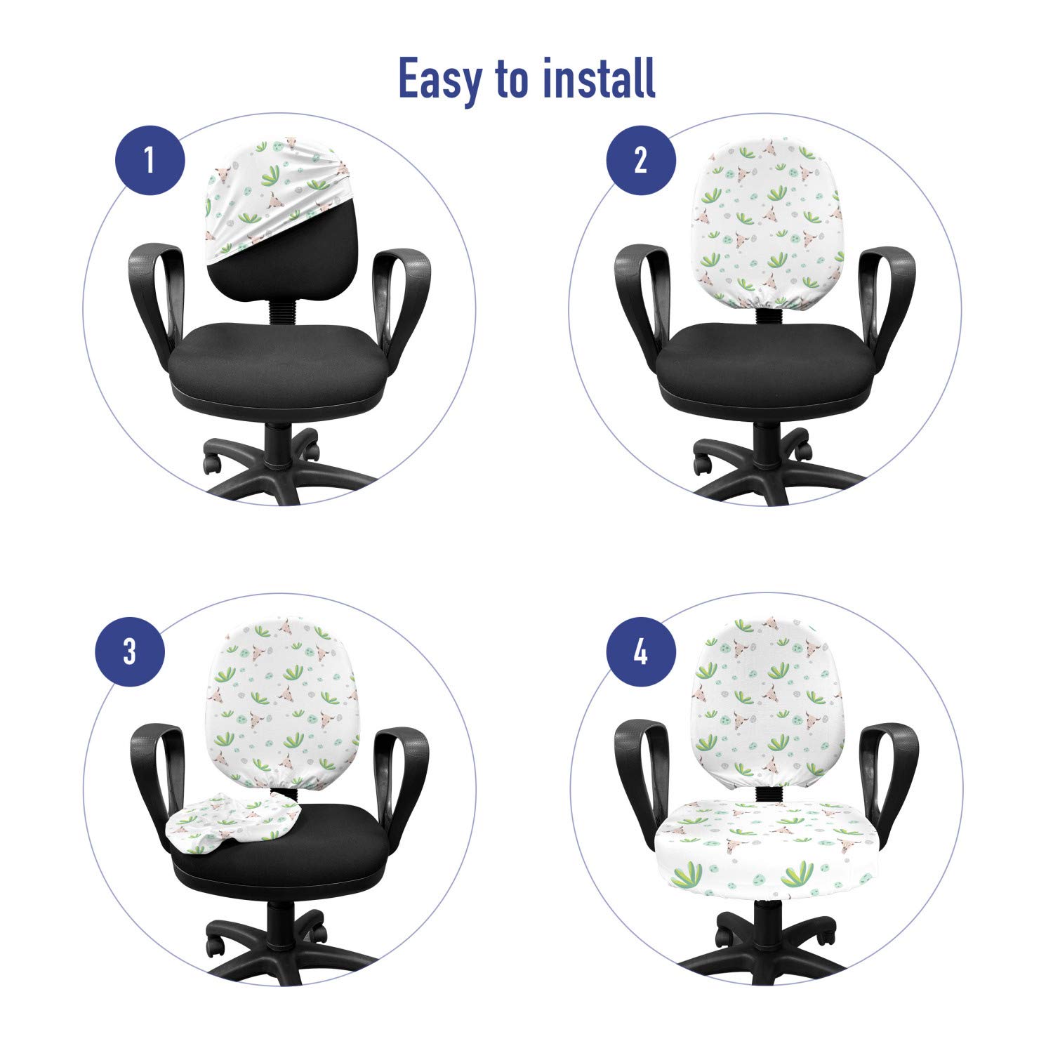 Ambesonne Agate Office Chair Slipcover - Cow Skull & Aloe Plant Print Stretch Fabric Cover in White & Pale Eggshell | Home Office Decor, Desk Chair Protector