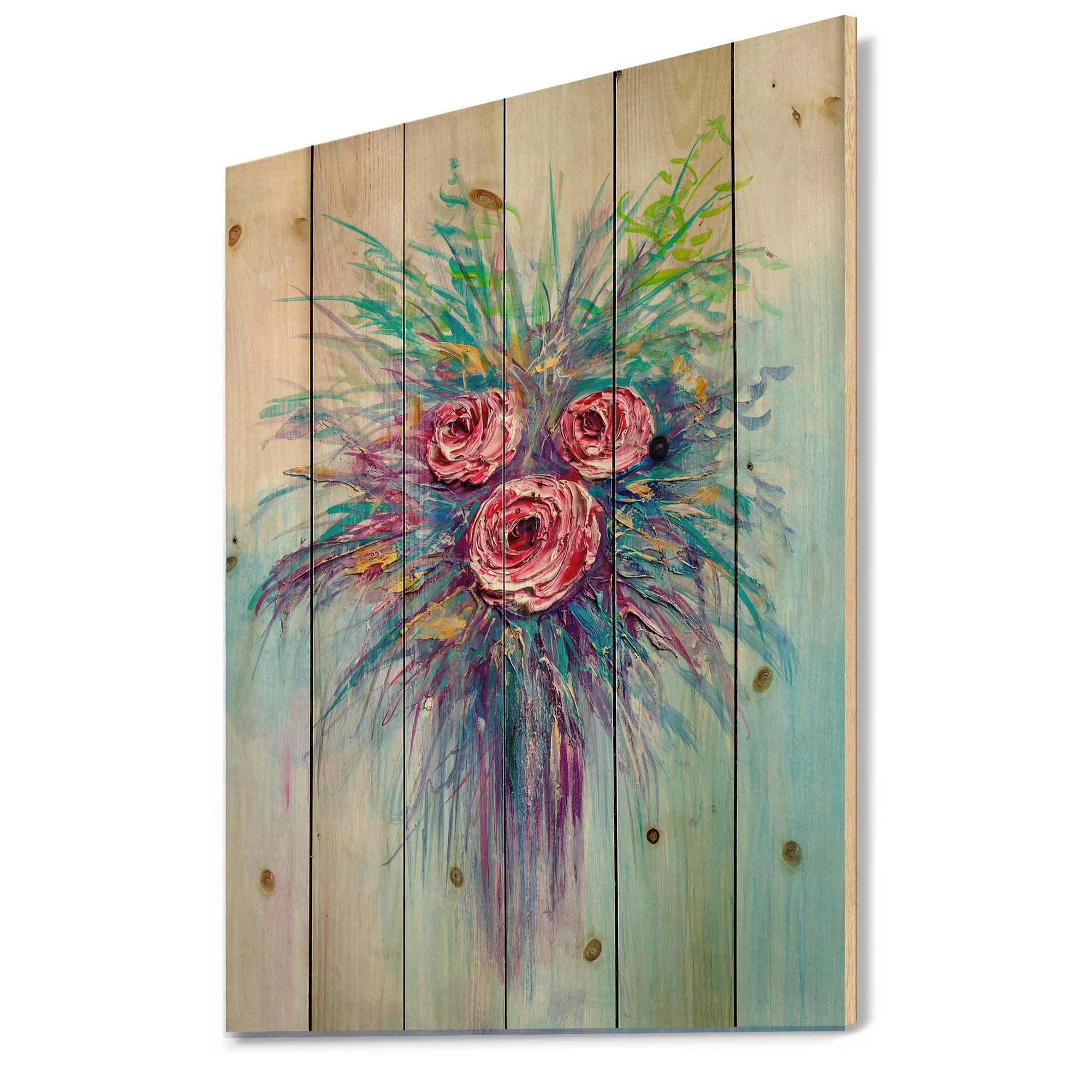 Handmade Red Rose Bouquet Blue Wood Wall Art - Traditional Floral Decor Printed on Natural Pine Wood - Perfect for Living Room, Bedroom & Office Decor
