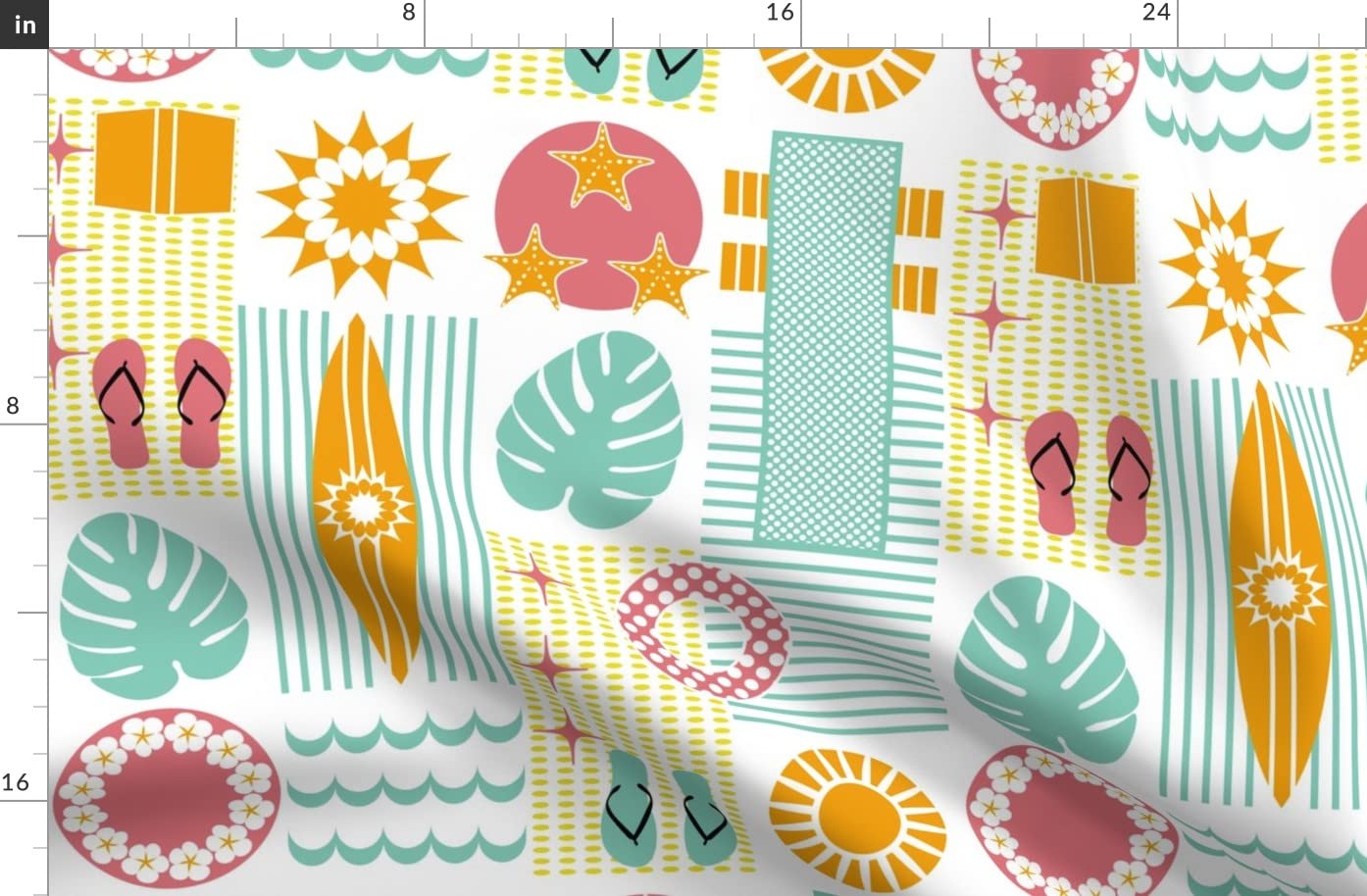 Surf Pool Teal Summer Watermelon Pink Beach Vacation Printed Denim Fabric by The Yard - Bottomweight Cotton for Apparel, Home Decor & Upholstery - Perfect for Beachwear, Summer Dresses, Curtains & Throw Pillows