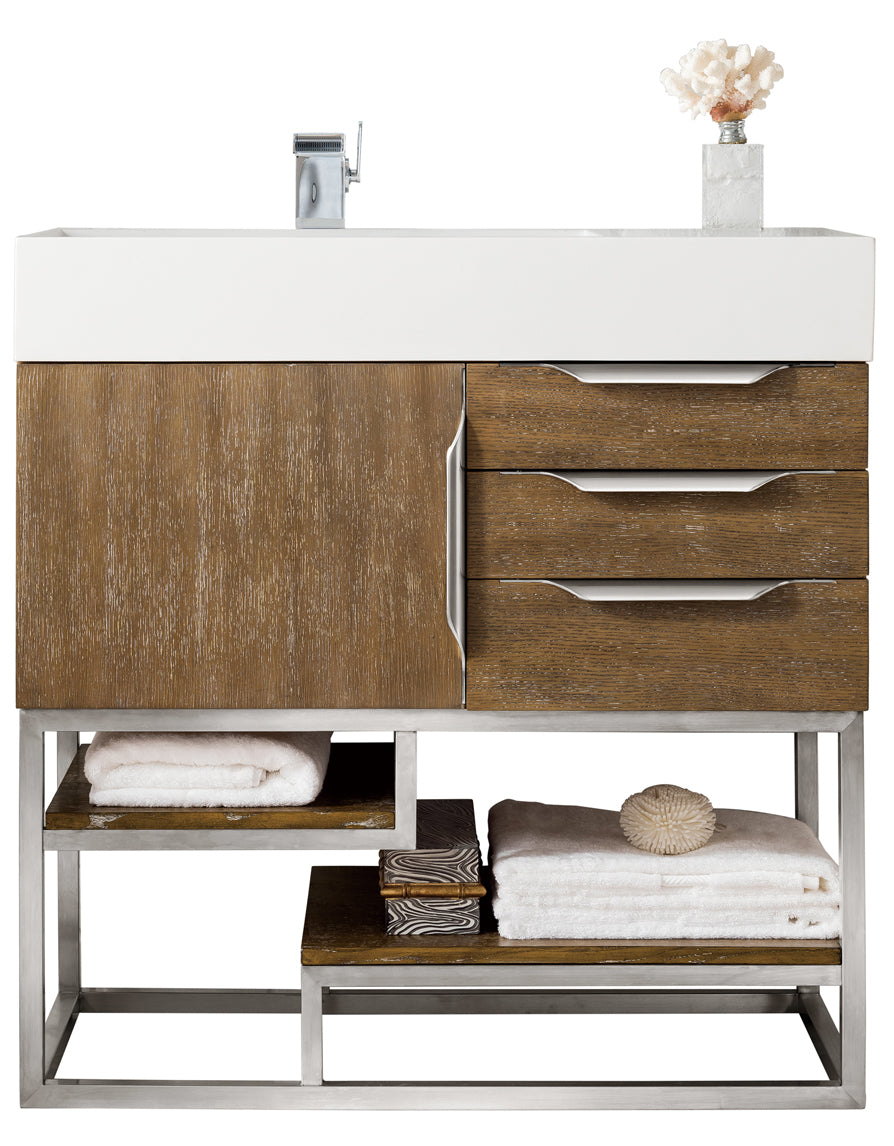 Columbia 36 Inch Single Bathroom Vanity with Glossy White Composite Top in Latte Oak Finish - Perfect for Modern Bathrooms, Powder Rooms & Small Space Remodels
