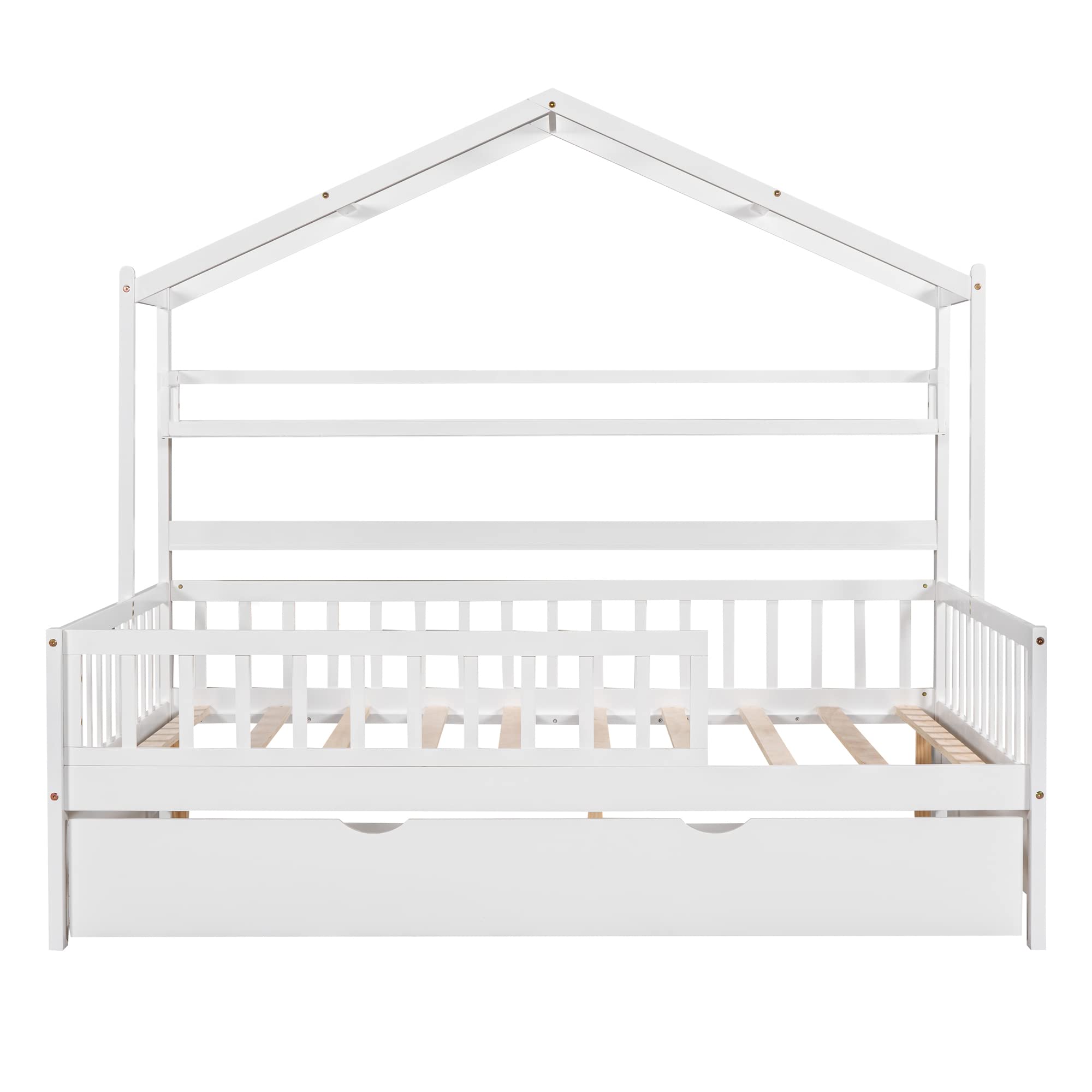 DEINPPA Full House Bed with Trundle - Wooden Kids Bed Frame with Storage Shelf & Safety Guardrails - No Box Spring Needed - Decorative Roof Design for Boys & Girls - Perfect for Toddler Bedrooms, Playrooms & Small Spaces (White)