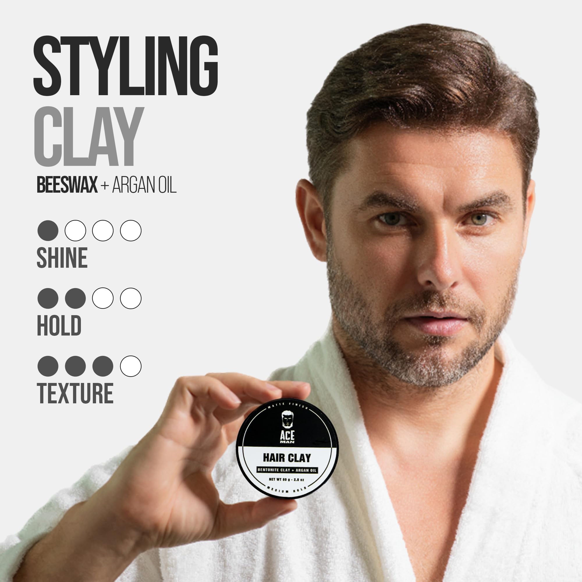 AceMan Hair Styling Clay for Men - Medium Hold Matte Finish Styling Cream - Adds Volume & Texture - No Shine or Grease - Barber Approved (2.8 Oz) - Perfect for Everyday Styling, Messy Looks & Professional Hairstyles