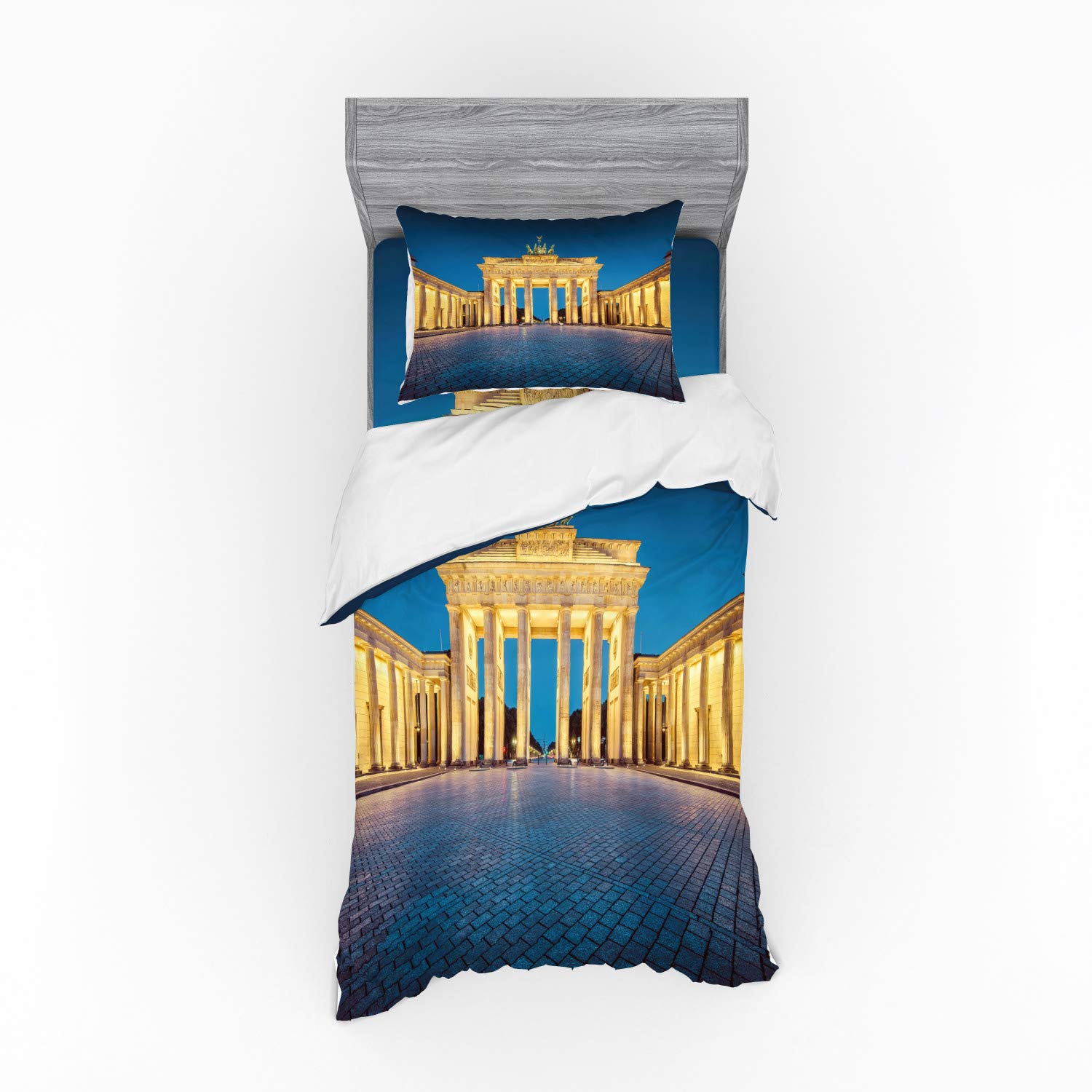 Ambesonne 3-Piece Travel Bedding Set - Twin Size Duvet Cover with Sham & Fitted Sheet, Classic Brandenburg Gate Germany Landmark Design in Blue Yellow Pink | Perfect for Dorm Rooms, Guest Beds & Vacation Homes