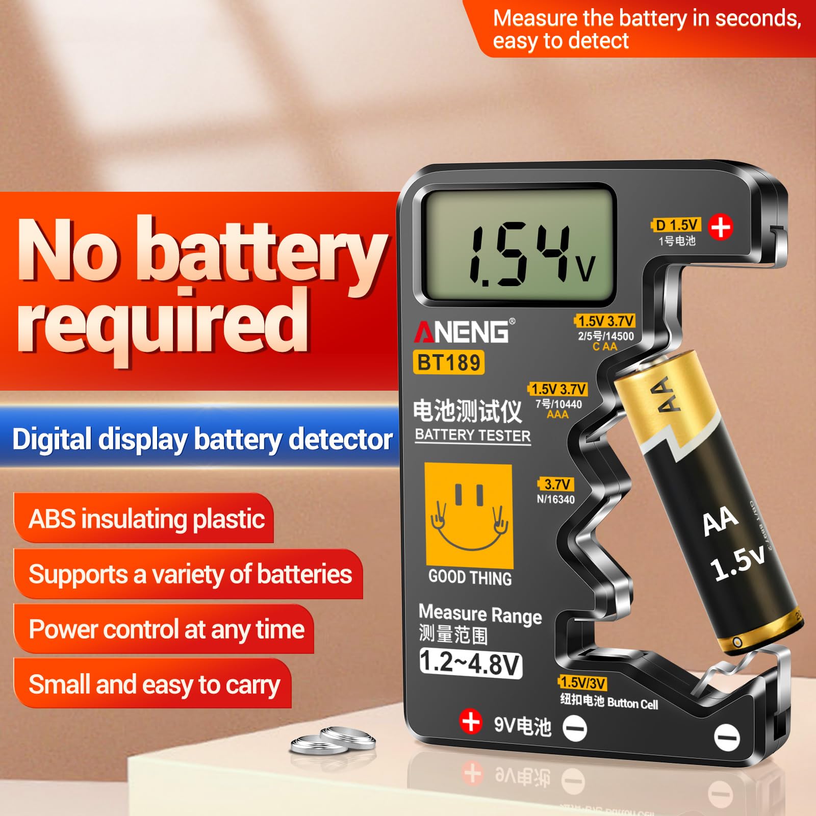 AA C-D 9V 1.5V Button Cell Battery Tester - Compact Household Battery Checker for AA, C, D, 9V & Button Batteries | Perfect for Home, Office & Emergency Kits