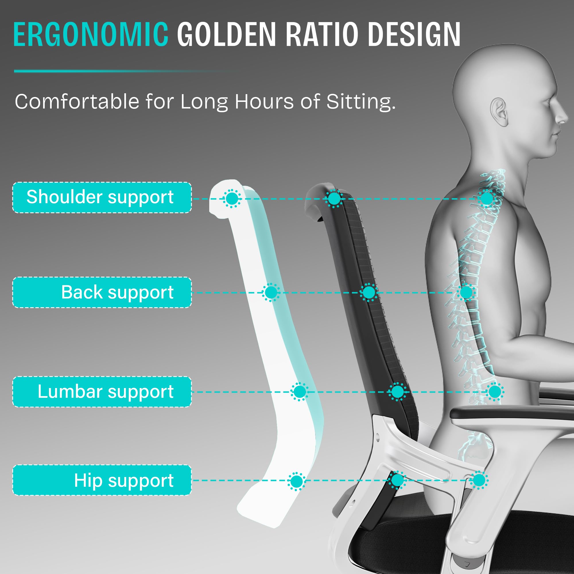SUNNOW Ergonomic Office Chair - Adjustable Lumbar Support Mesh Computer Desk Chair with Flip-up Arms & Tilt Function - Wide Seat Executive Task Chair for Home Office - Perfect for Long Work Hours & Video Conferencing (Black)