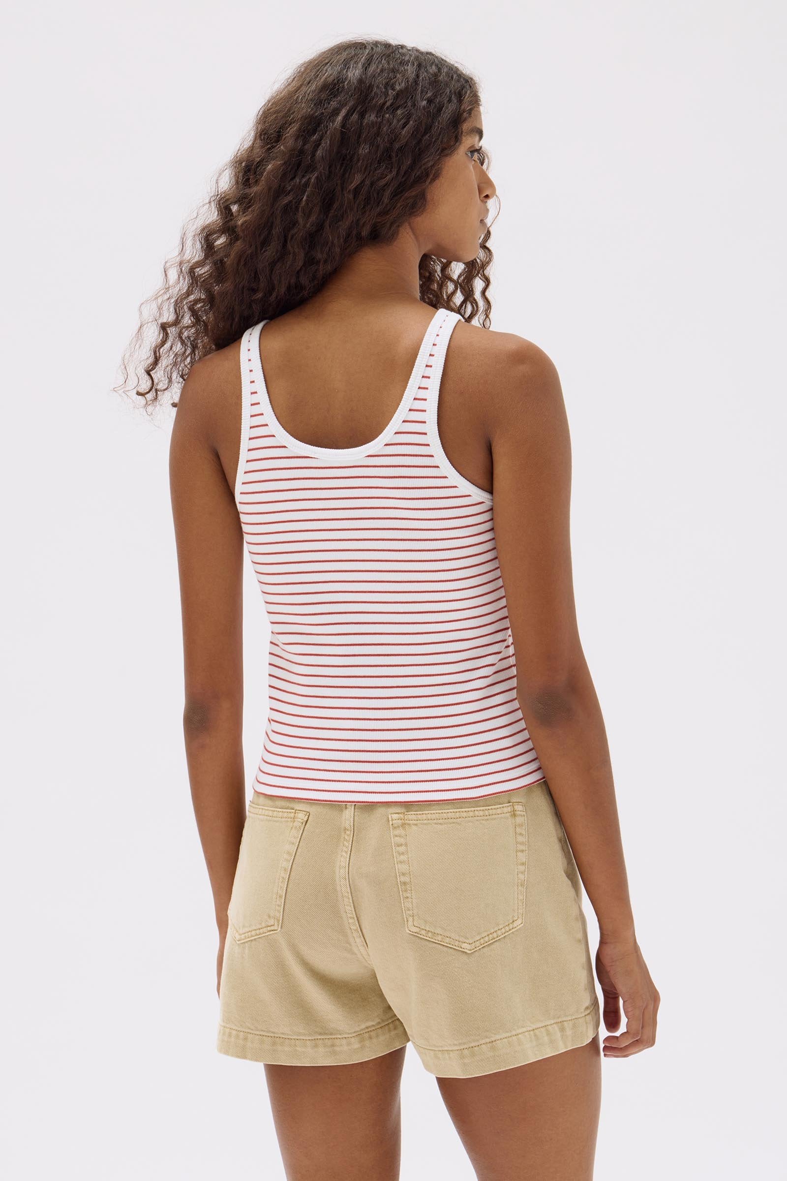 Drew Stripe Rib Tank Top for Women - Soft Cotton Casual Sleeveless Shirt in Papaya White | Perfect for Summer Outfits, Beach Wear, and Layering
