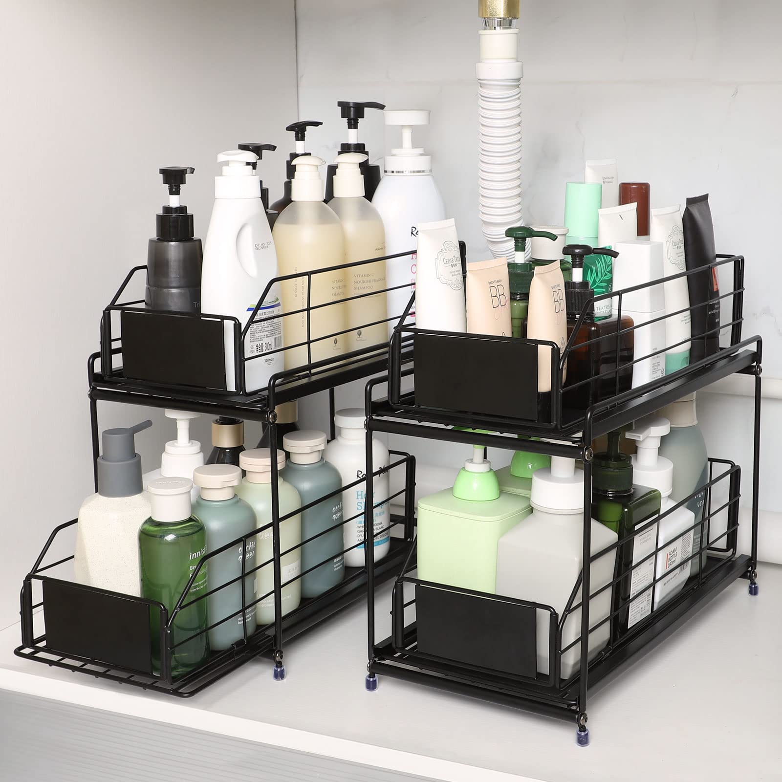 CADUKE 2-Tier Under Sink Organizer with Sliding Metal Drawers - Bathroom & Kitchen Cabinet Storage Basket - Space Saving Pull-Out Shelf for Cleaning Supplies, Cosmetics & Toiletries (2-Pack, Black)