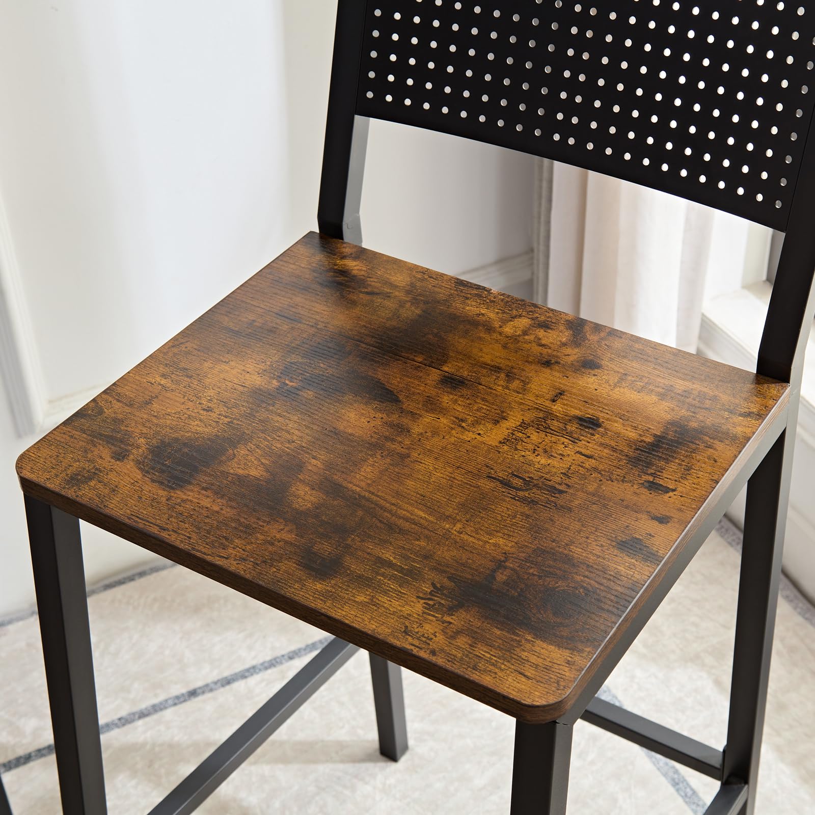 3-Piece Industrial Bar Table and Chairs Set for 2 - Adjustable Height Metal Base Kitchen Counter Dining Set in Brown | Perfect for Small Spaces, Bars, Restaurants & Home Kitchens