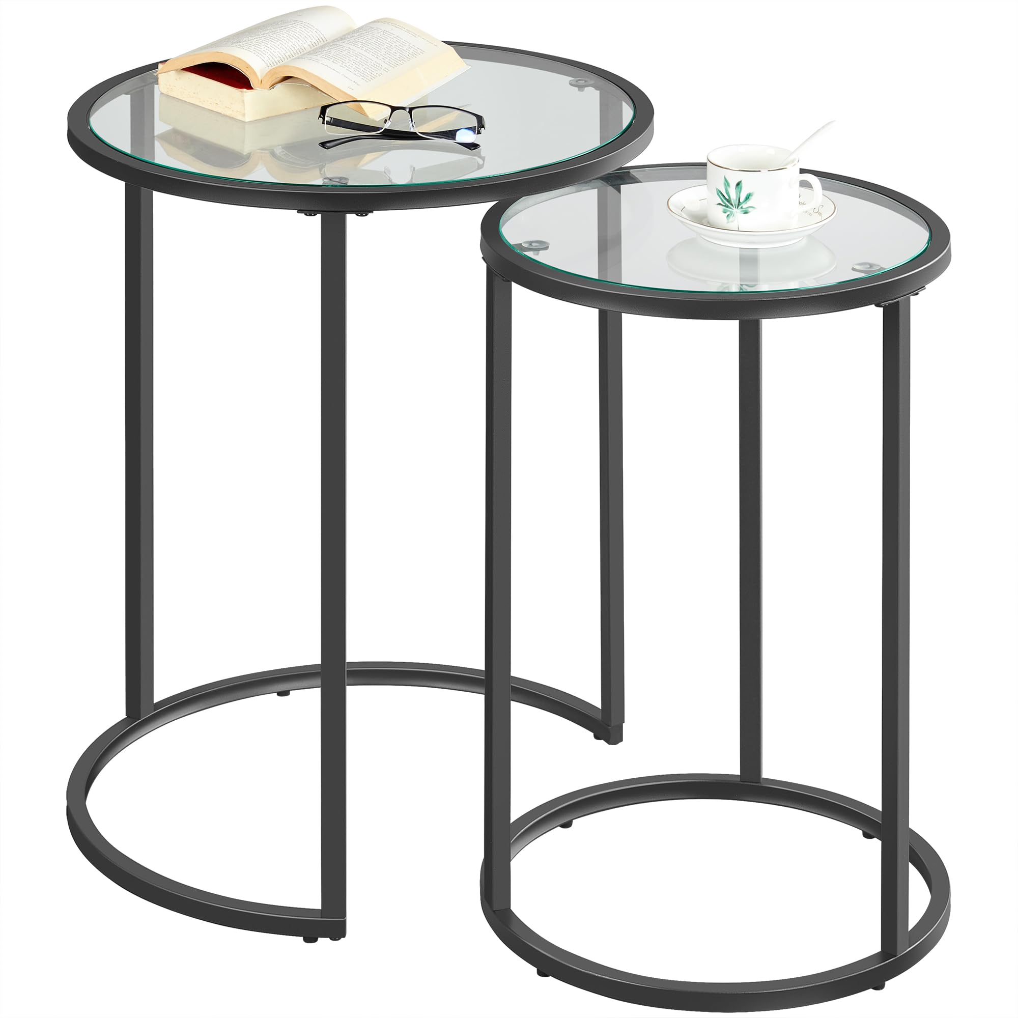 Yaheetech 2-Piece Round Nesting End Table Set - Stackable Side Tables with Metal Frame & Tempered Glass Top - Space-Saving Coffee Tables for Living Room, Office, Bedroom - Black (Perfect for Small Spaces & Modern Home Decor)