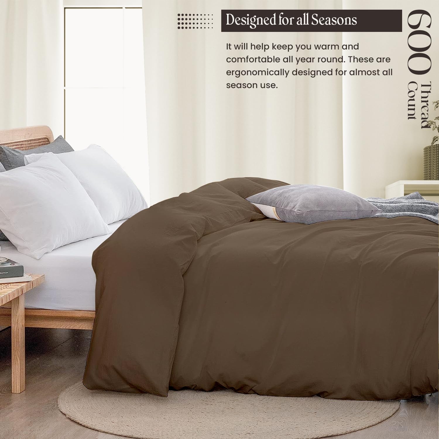 Premium 600 Thread Count King/Cal King Duvet Cover Set - 3 Piece Soft & Breathable Bedding with Zipper Closure & Corner Ties in Taupe - Perfect for Cooling Comfort in All Seasons