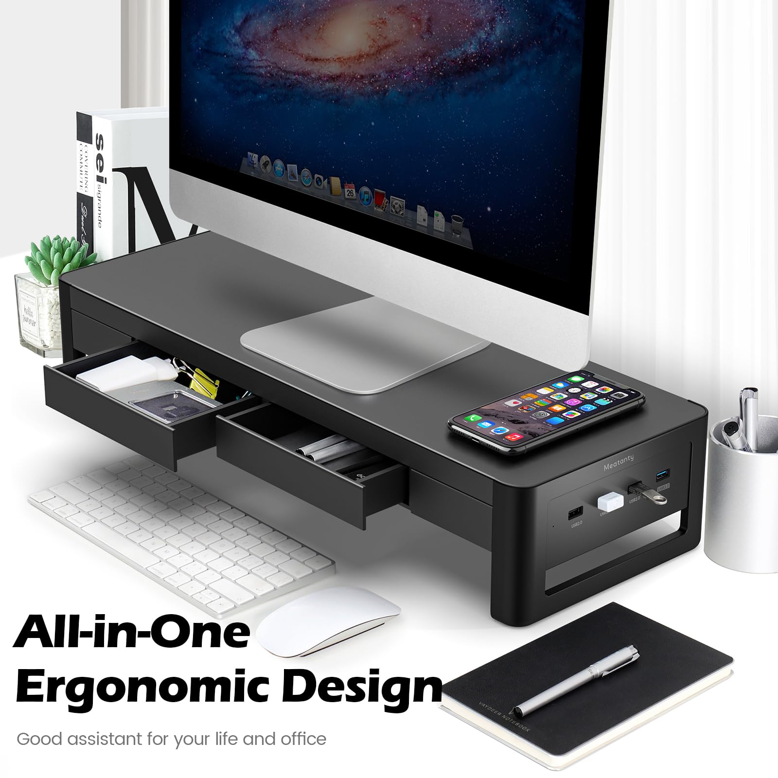 2-in-1 Metal Monitor Stand with Storage Drawers & 4 USB Hub - Adjustable Computer Riser for PC, Laptop, iMac - Perfect Desk Organizer for Home Office & Workspace