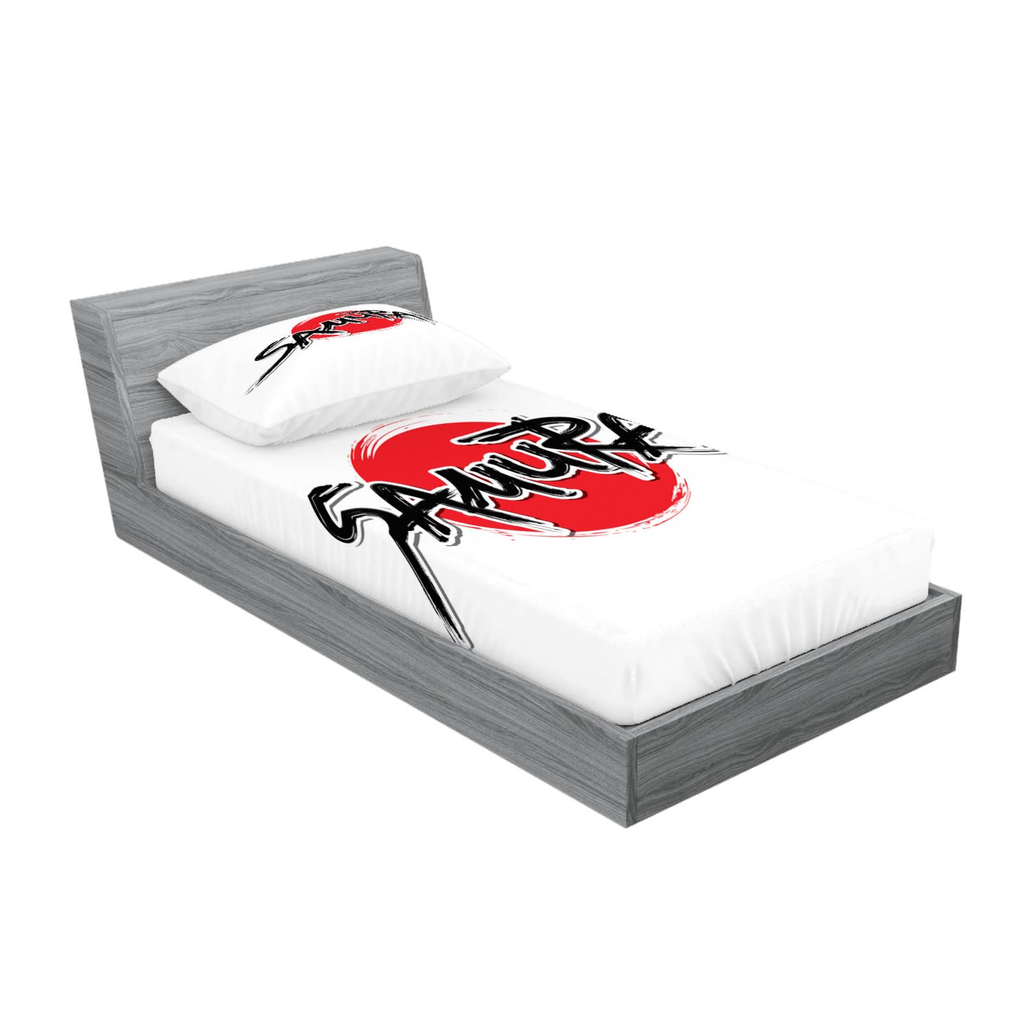 Ambesonne Japanese Samurai Lettering Sun 4-Piece Twin Bedding Set - 2 Fitted Sheets & 2 Pillow Shams, Red & Black Geometric Design | Perfect for Teen Rooms, Dorm Decor & Anime Themed Bedrooms