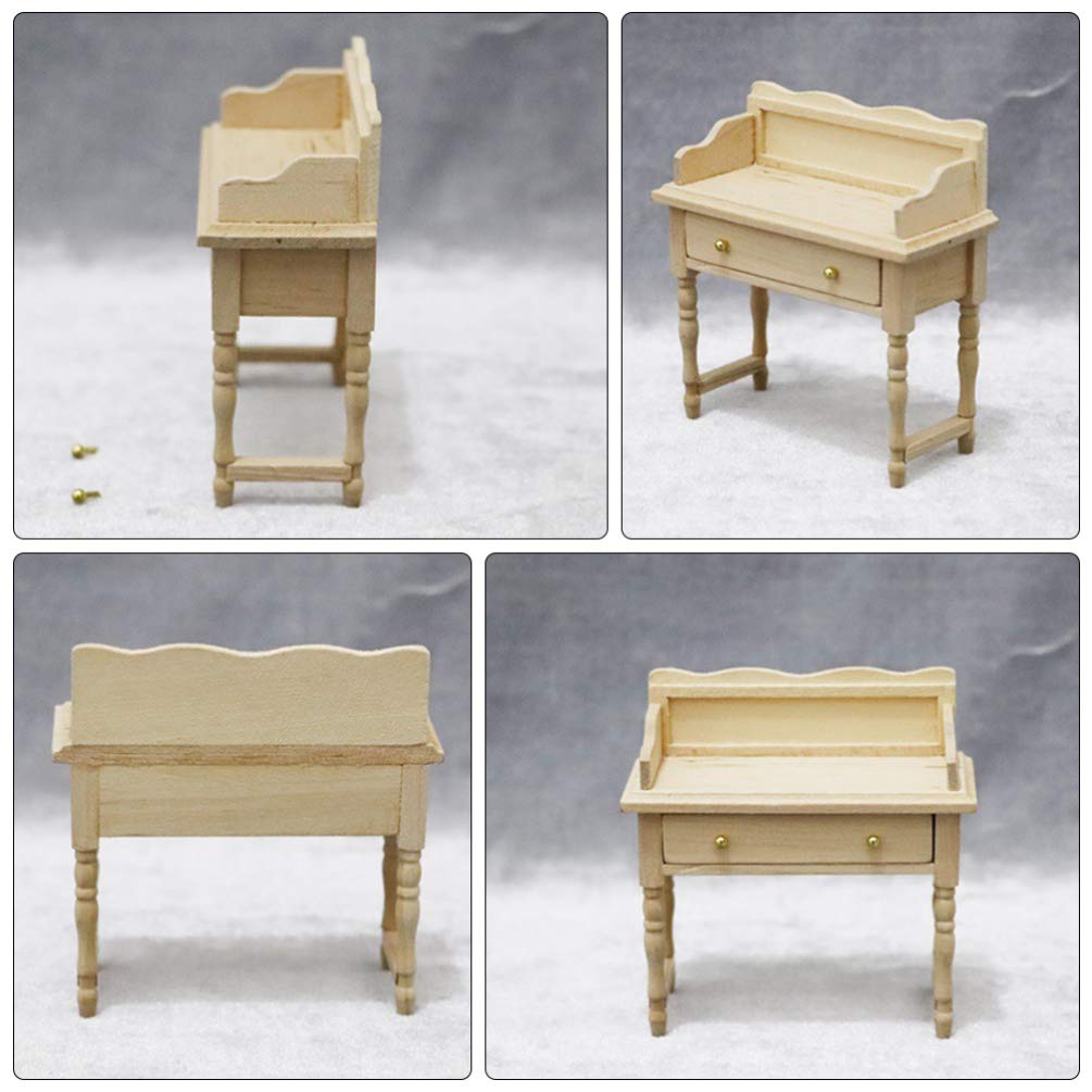 Black Wooden Dollhouse Desk & Vanity Stool - Miniature Kids Furniture for Girls, Model Desk with Mini Chair, Perfect for Dollhouse Decor, Child's Room, and Creative Play Scenes