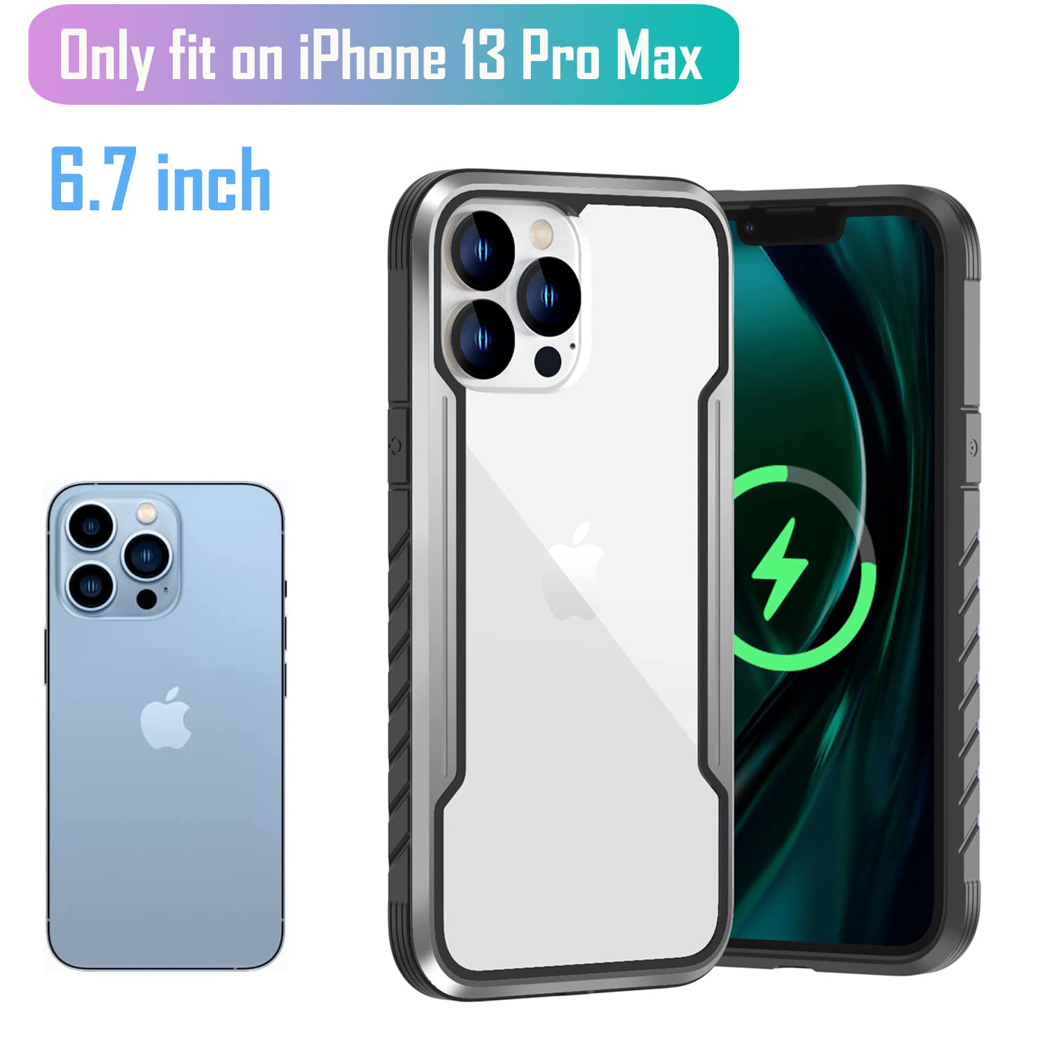 Shockproof Heavy Duty Clear Phone Case with Metal Aluminum Frame for iPhone 13 Pro Max 6.7 Inch - Durable Protection for Outdoor, Work & Everyday Use
