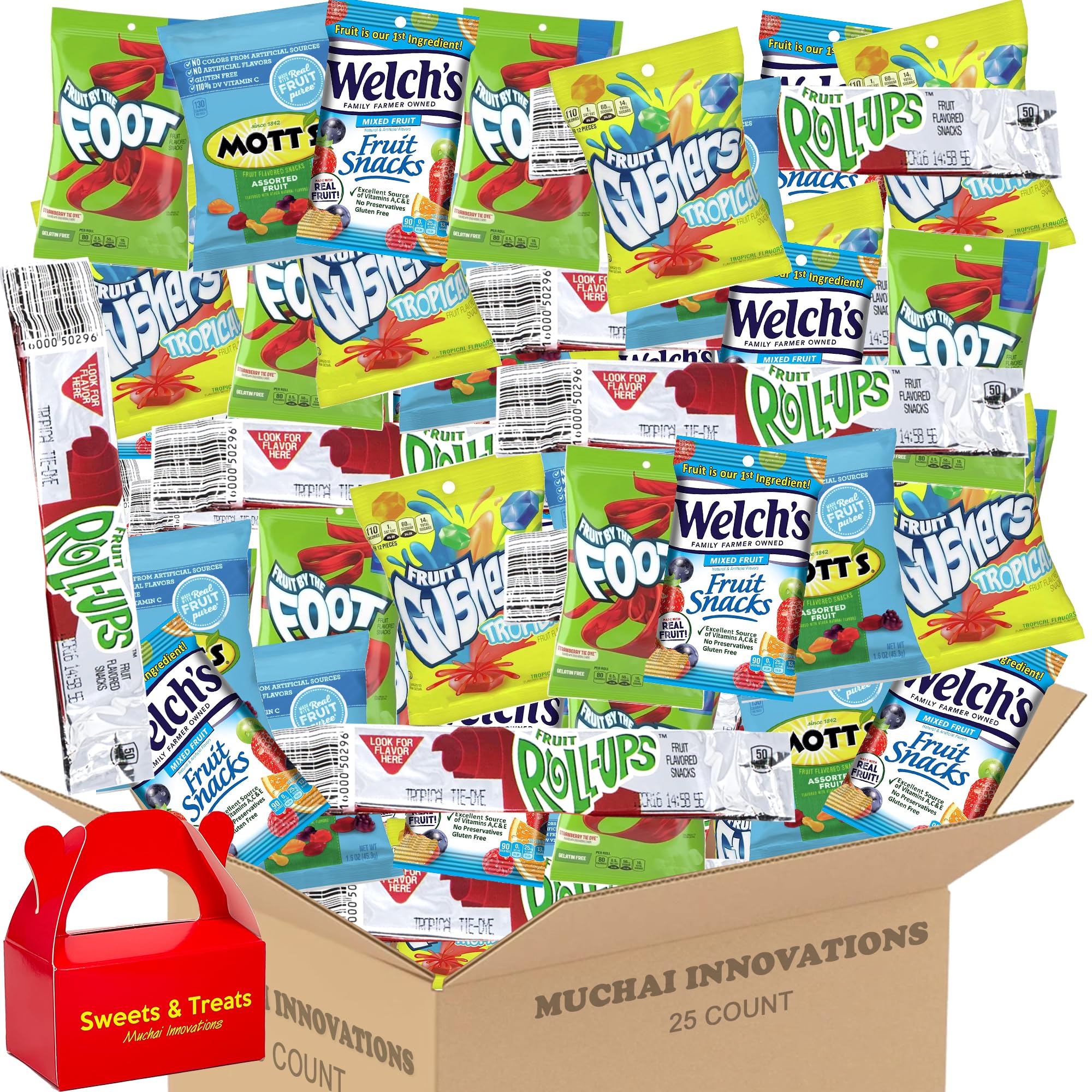 Welch's Assorted Fruit Snacks & Gummies Variety Pack - 25 Individually Wrapped Packs with Gushers, Fruit by the Foot & Fruit Roll-Ups | Perfect for Parties, Office Treats, Graduation Gifts, Exam Snacks & Family Sharing | Great for Kids, Coworkers & Friends | Home, School & Workplace Snack Solution