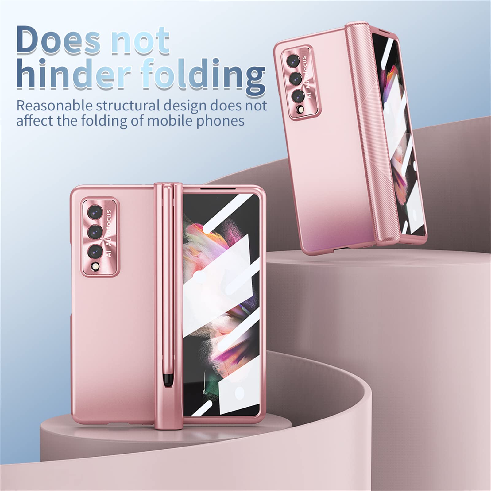 Premium 4-in-1 Magnetic Hinge Protection Case for Samsung Galaxy Z Fold 3 5G - Includes S Pen Holder & Replacement S Pen (Pink) | Shockproof Cover for Work, Travel & Everyday Use