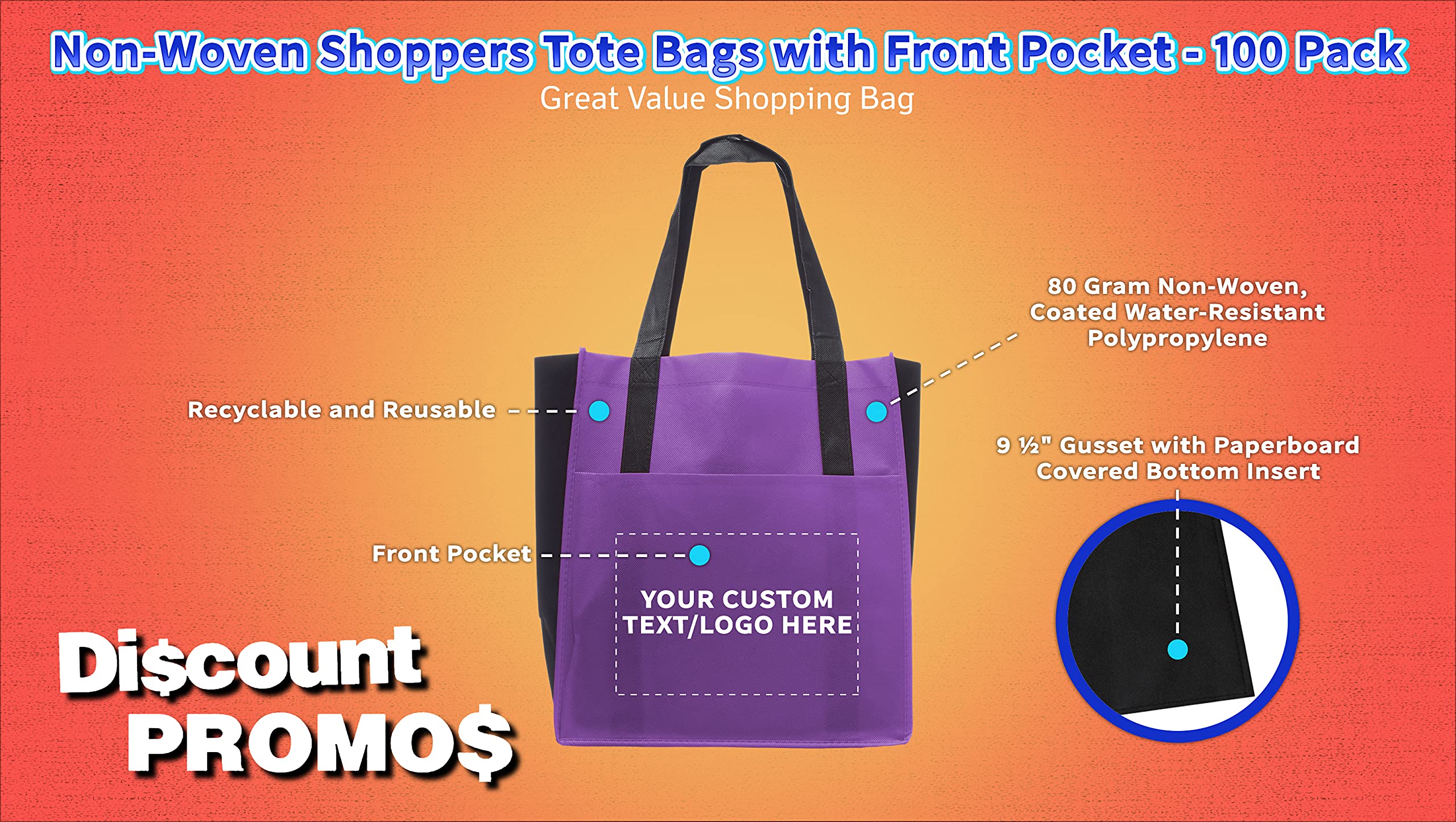 100 Pack Customizable Non-Woven Tote Bags with Front Pocket - Eco-Friendly Reusable Shopping Bags in Vibrant Purple Two-Tone (13