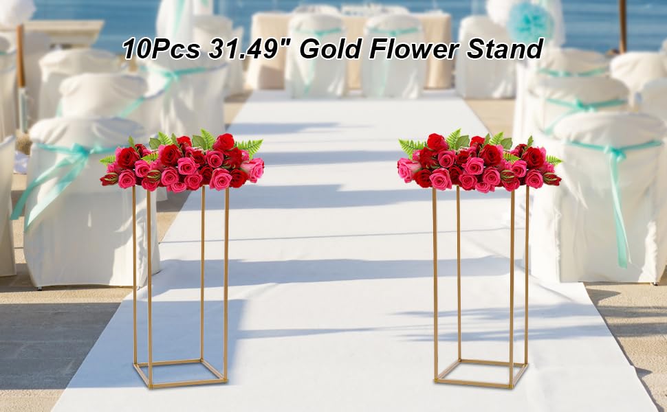 10Pcs Gold Metal Geometric Floor Vases - 31.5 Inch Tall Flower Stand Columns for Wedding Centerpieces, Valentine's Day Party Decor, Table & Home Decoration - Perfect for Living Room, Dining Table, Event Venue Decorations