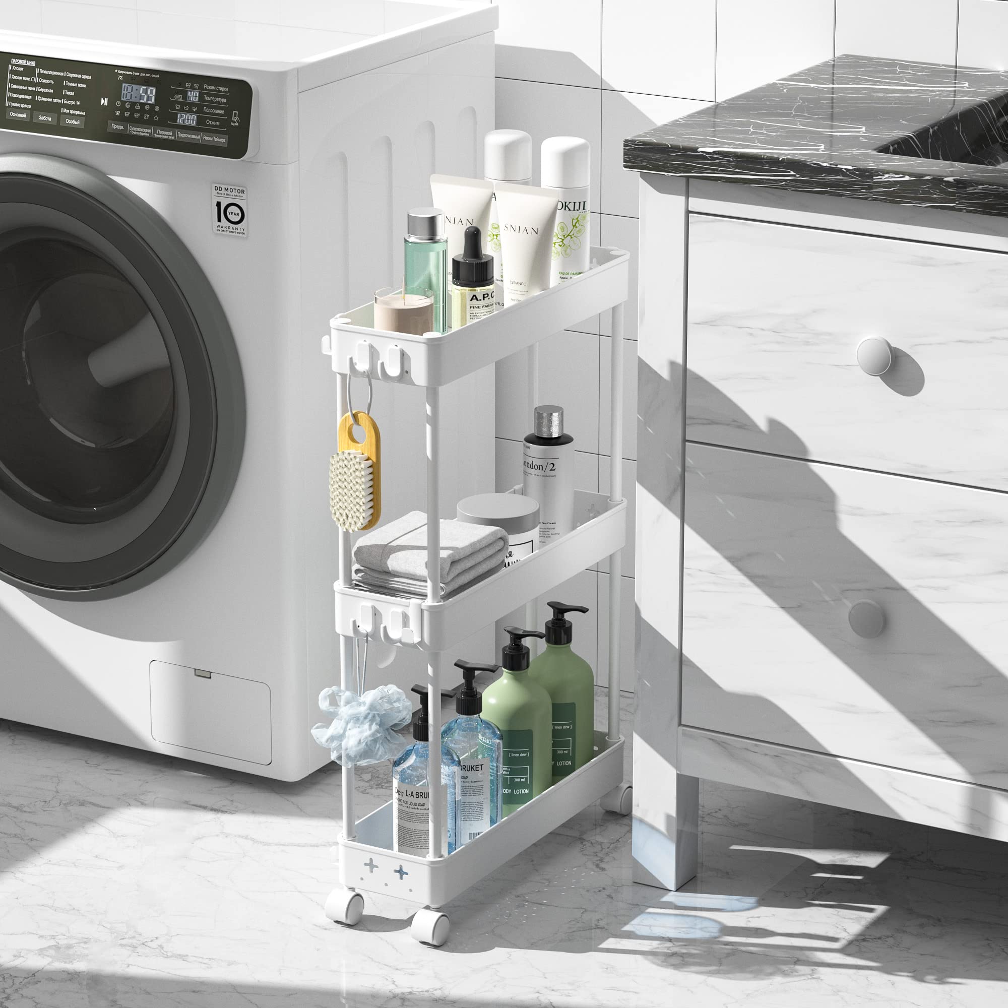KINGRACK 3-Tier Slim Rolling Storage Cart with Wheels | Space-Saving Slide-Out Organizer for Bathroom, Kitchen & Narrow Spaces | White | Perfect for Small Apartments, Dorm Rooms & Closet Organization
