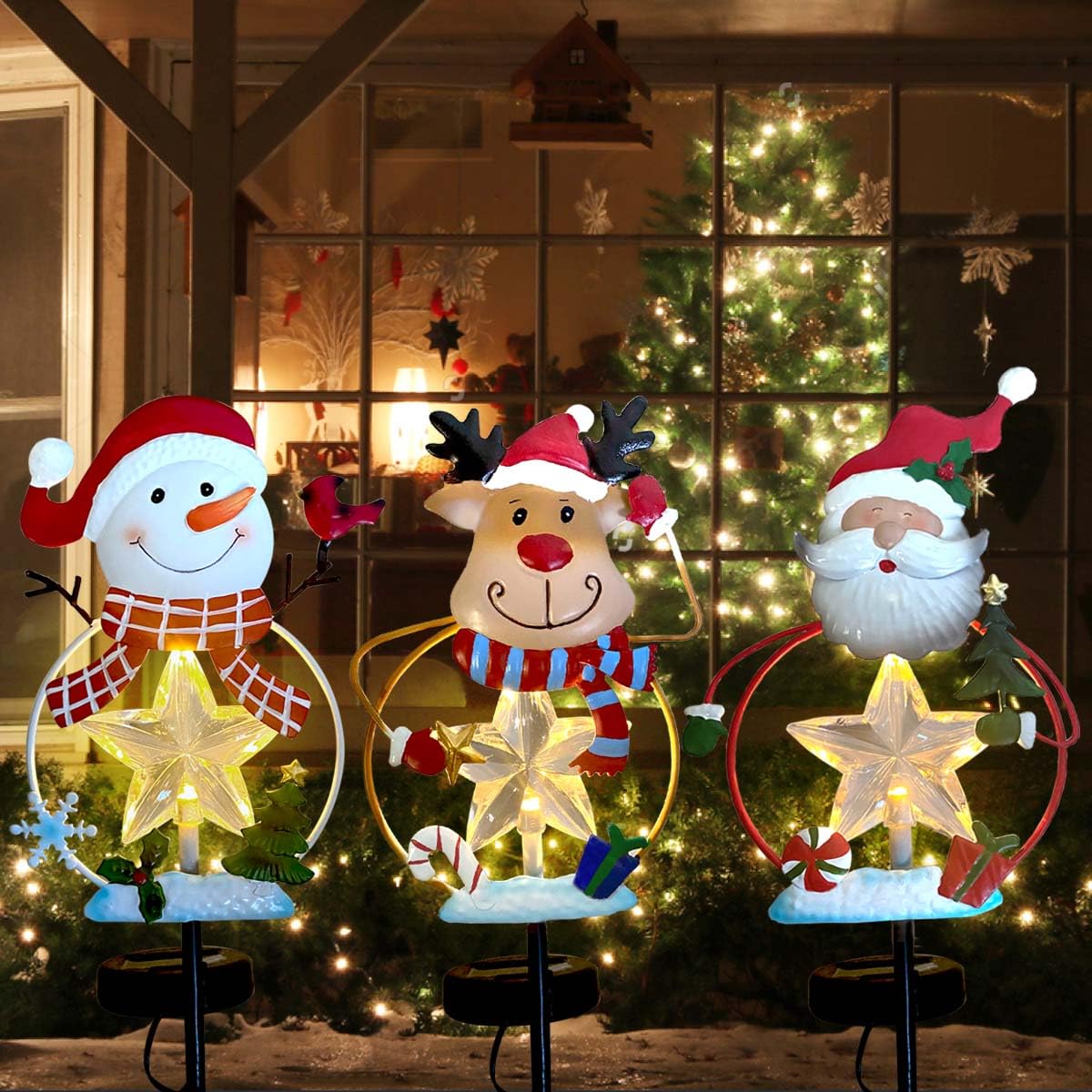 3 Pack Christmas Yard Stakes - Solar Powered Outdoor Garden Decor with LED Lights (Snowman/Santa/Reindeer) - Waterproof Metal Holiday Decoration for Lawn, Pathway & Winter Landscaping | Perfect for Christmas Party, Front Yard Decor & Seasonal Festivities