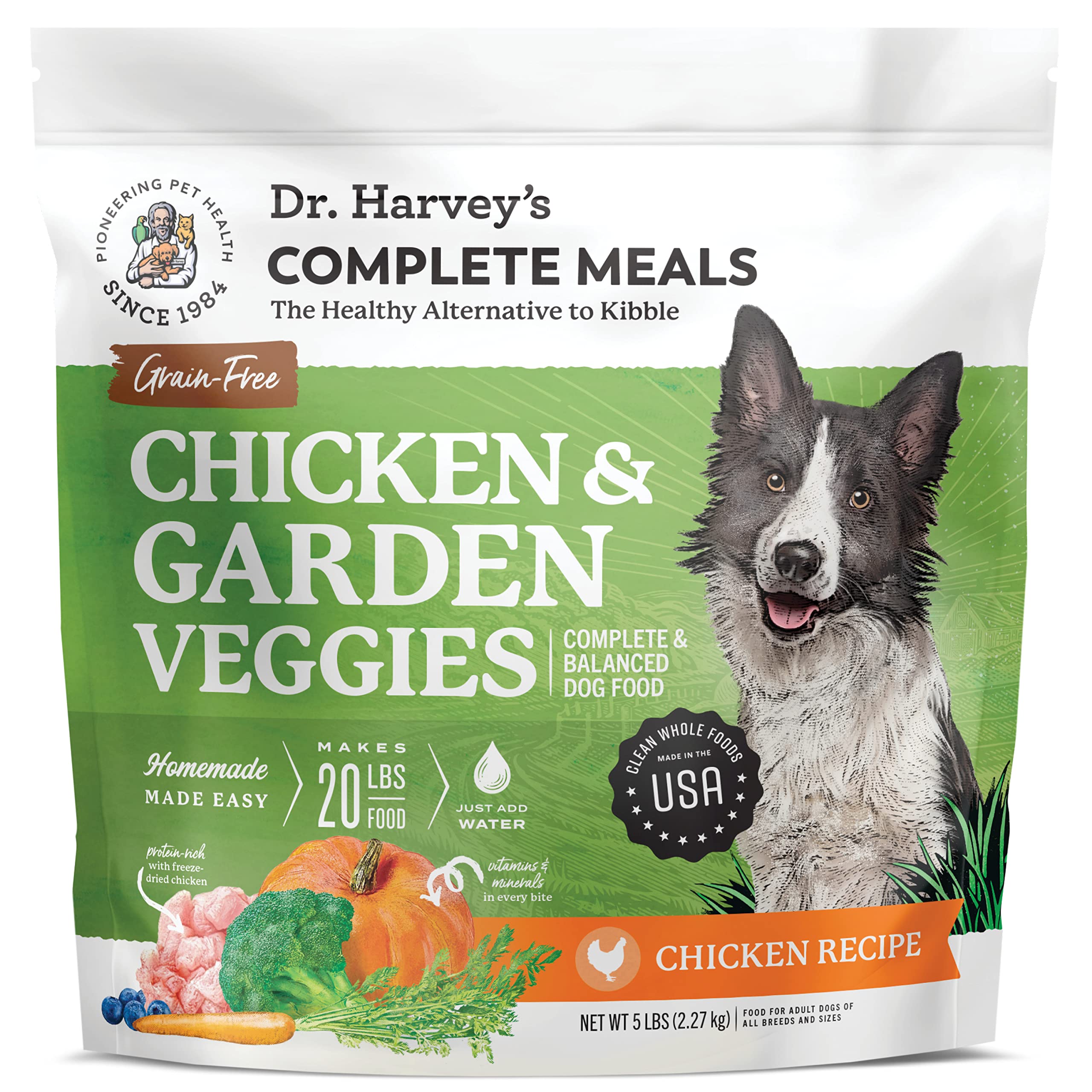 Dr. Harvey’s Grain-Free Dehydrated Dog Food - Human Grade Chicken & Garden Veggies Recipe with Freeze-Dried Chicken, Fruits, Vegetables & Probiotics (5 lbs Makes 20 lbs) | Healthy Meal for Active Dogs, Senior Dogs & Sensitive Stomachs | Perfect for Home Feeding, Travel & Outdoor Adventures