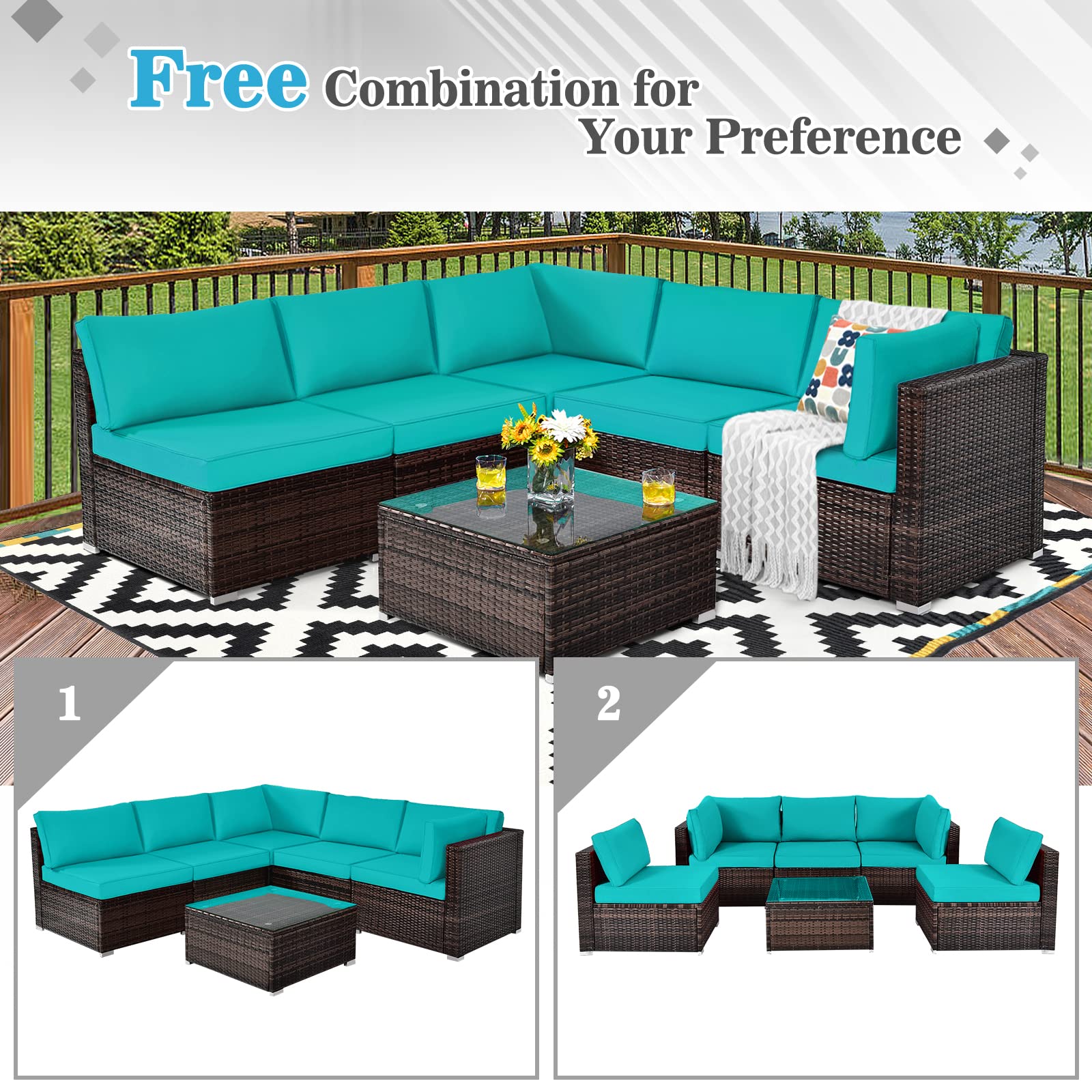 Tangkula 6-Piece Outdoor Patio Furniture Set - All-Weather Wicker Sofa with Cushions & Glass Coffee Table - Rattan Sectional Conversation Set for Backyard, Garden, Poolside & Deck (Beige)