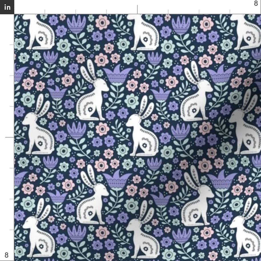 Easter Folk Bunny Rabbit Spring Scandi Floral Navy Printed Velvet Upholstery Fabric - Fat Quarter for Home Decor, Apparel & DIY Projects | Perfect for Easter Decorations, Throw Pillows & Spring Fashion