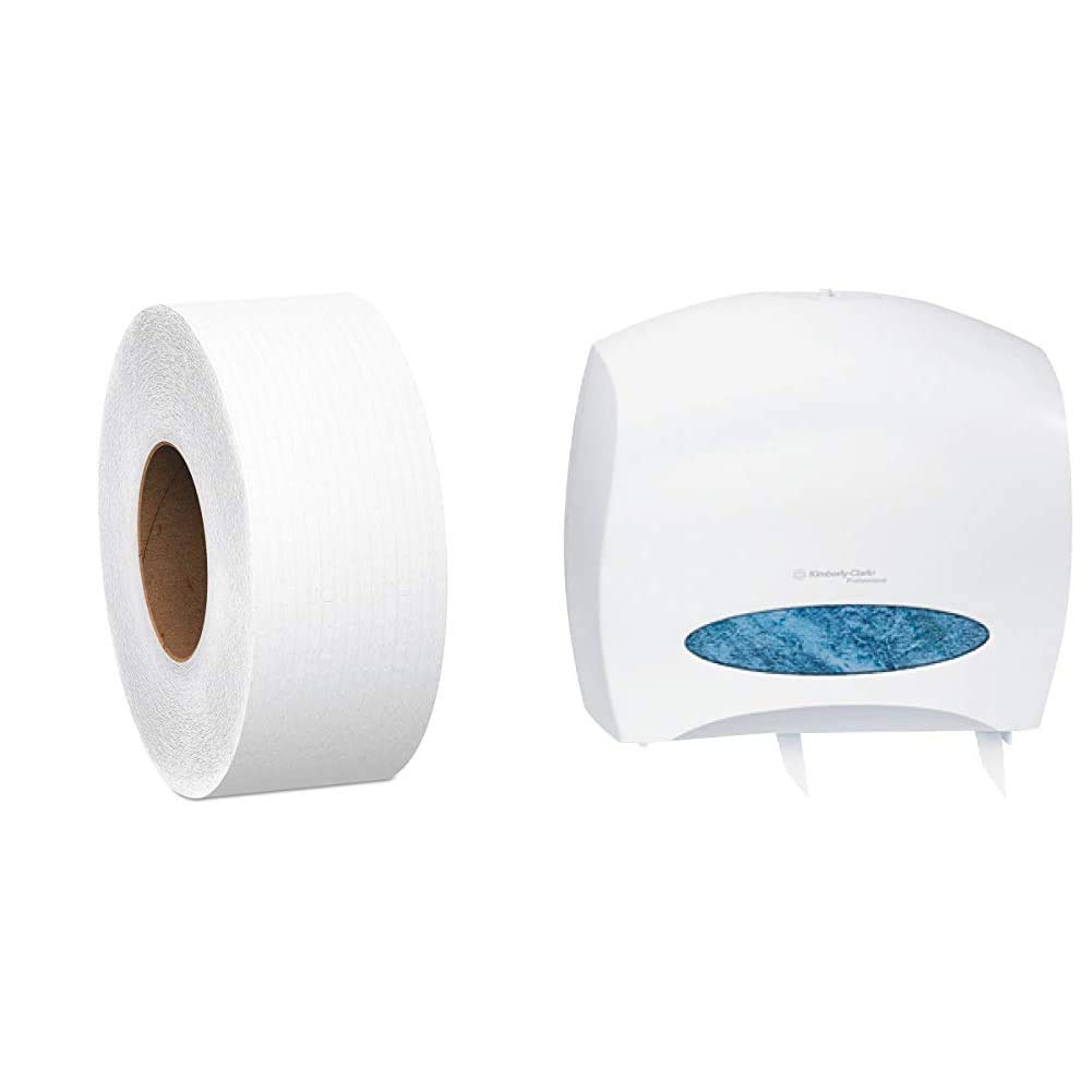 Scott Essential Jumbo Roll JR. Commercial Toilet Paper (67805) & Kimberly Clark Professional JRT Jr. Escort Jumbo Roll with Commercial Toilet Paper Dispenser (09508) - White | Heavy-Duty Bathroom Tissue for Offices, Restaurants & High-Traffic Commercial Spaces
