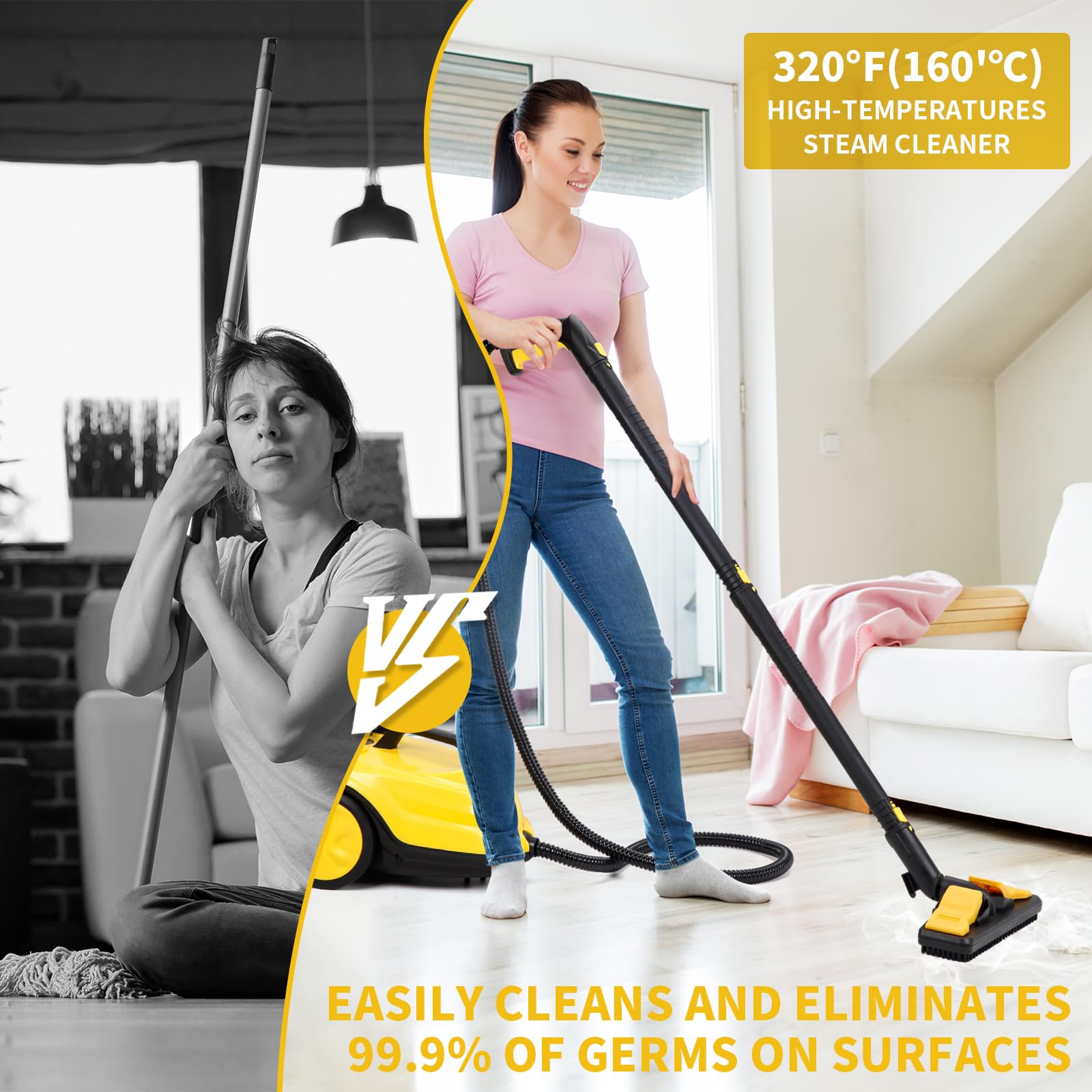 2000W Portable Steam Cleaner with 20 Accessories - Multipurpose Household Steamer for Floors, Kitchen, Appliances, Car & Playground Cleaning - Ideal for Deep Cleaning & Sanitizing (Yellow)